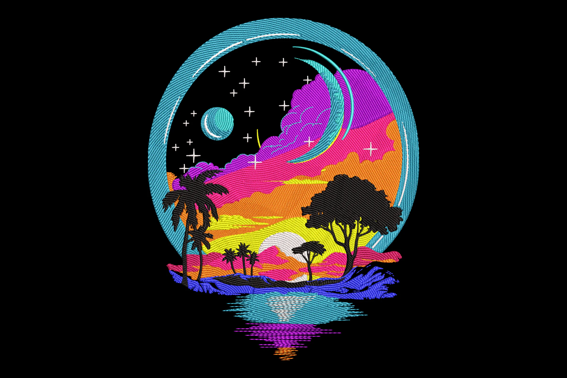 Cosmic Sunset Landscape Embroidery Design