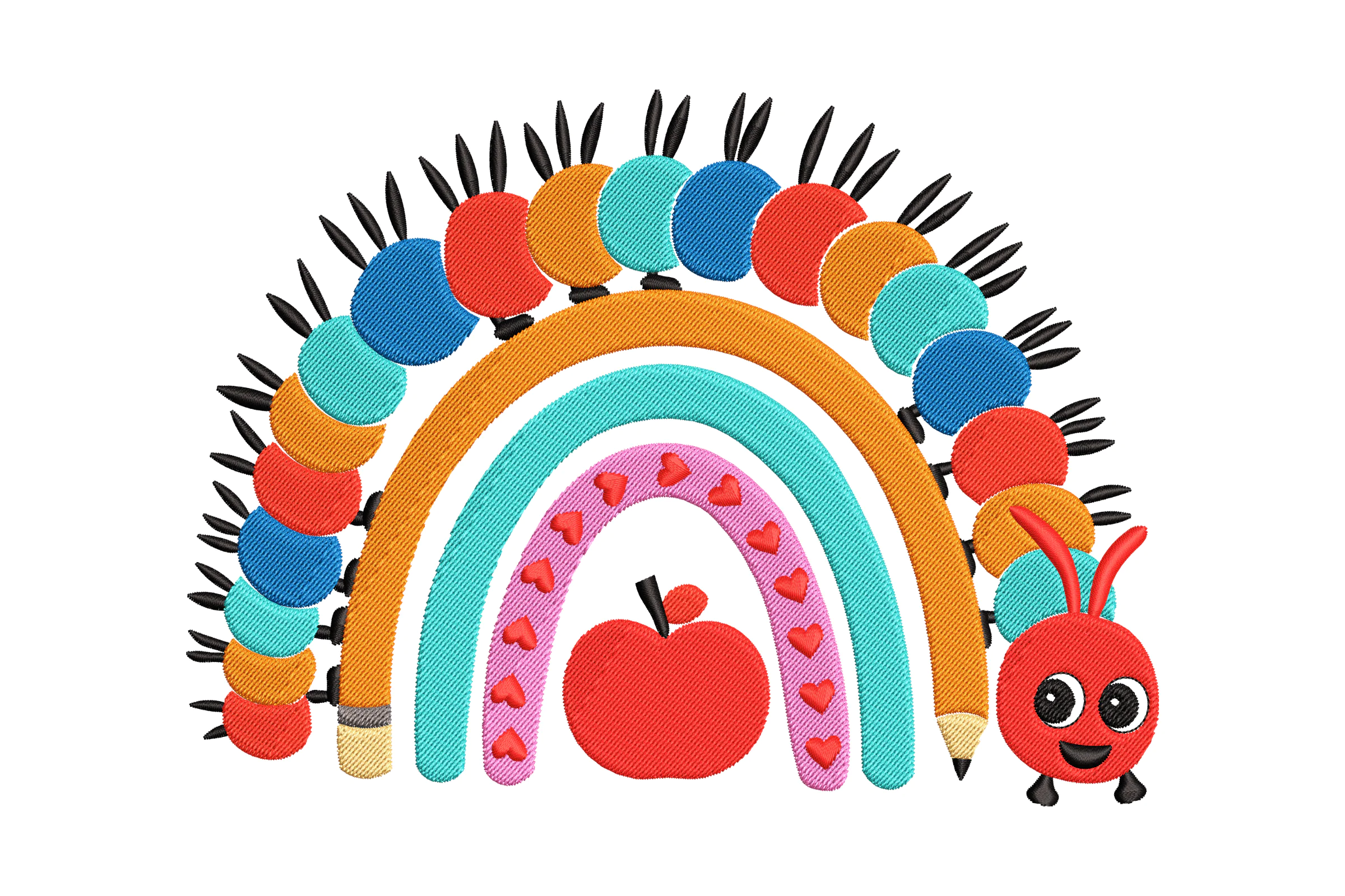 Colorful Caterpillar and Rainbow Embroidery Design