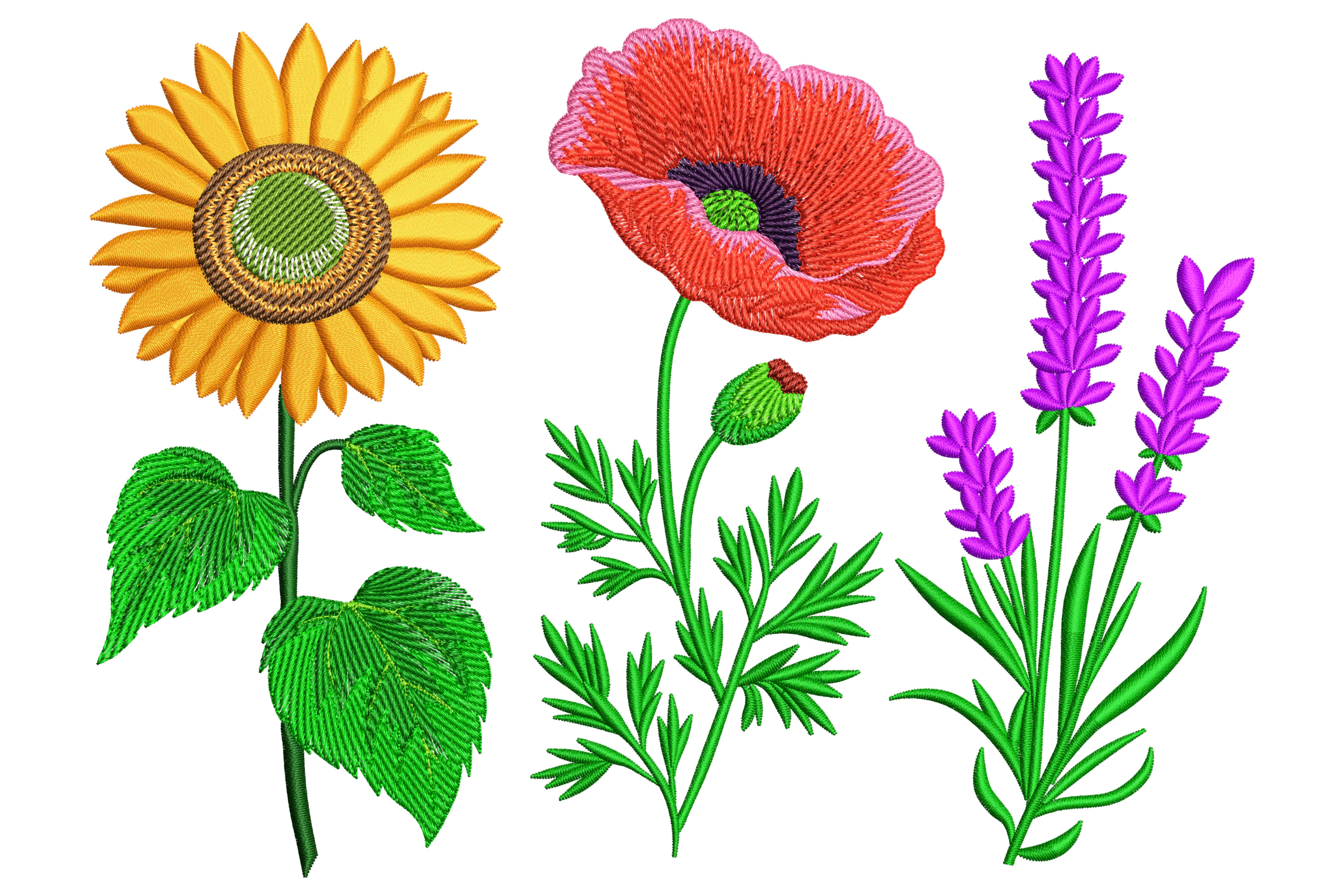 Sunflower, Poppy & Lavender Trio Embroidery Design