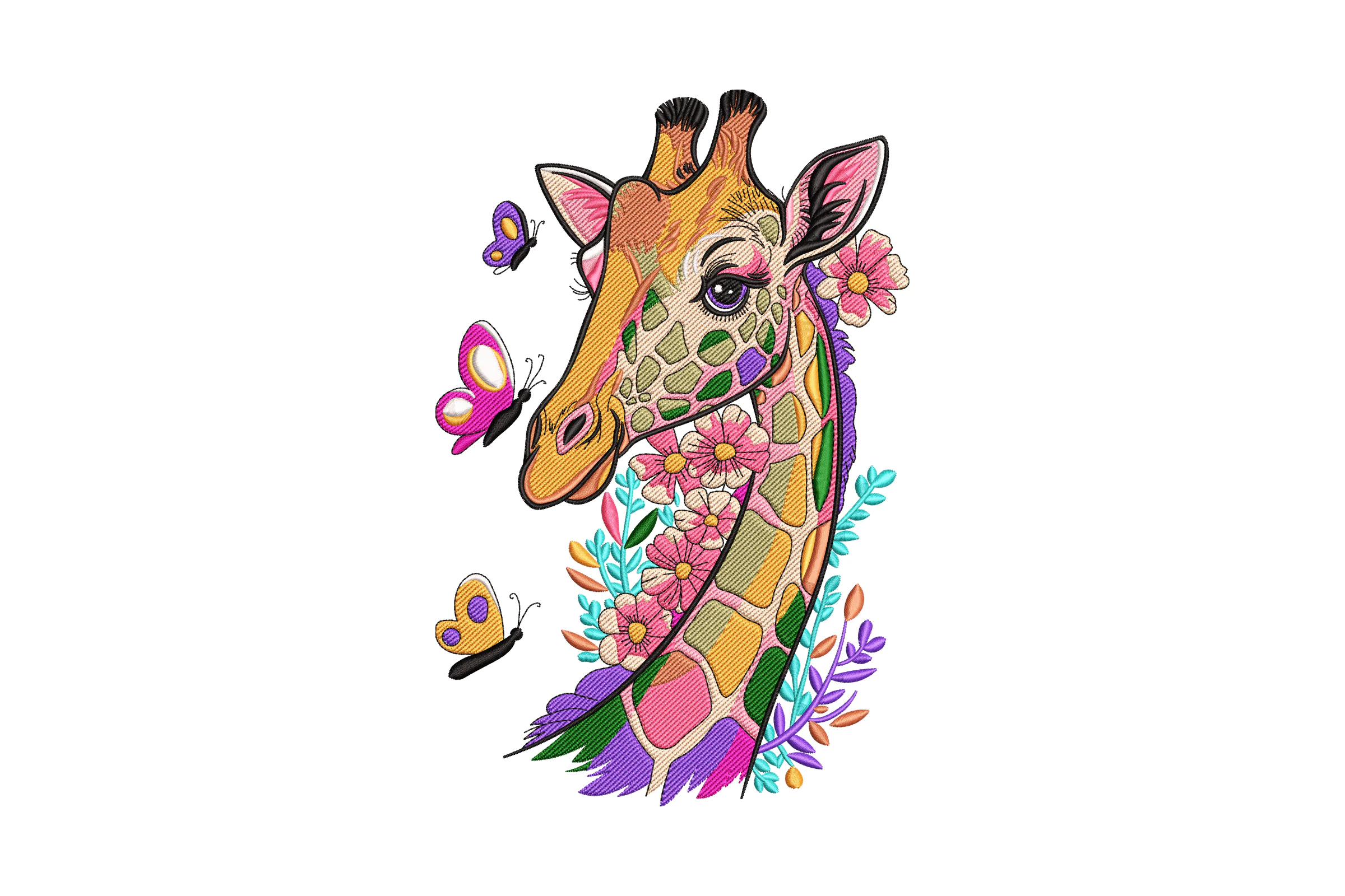Giraffe With Flowers And Butterflies Embroidery Design