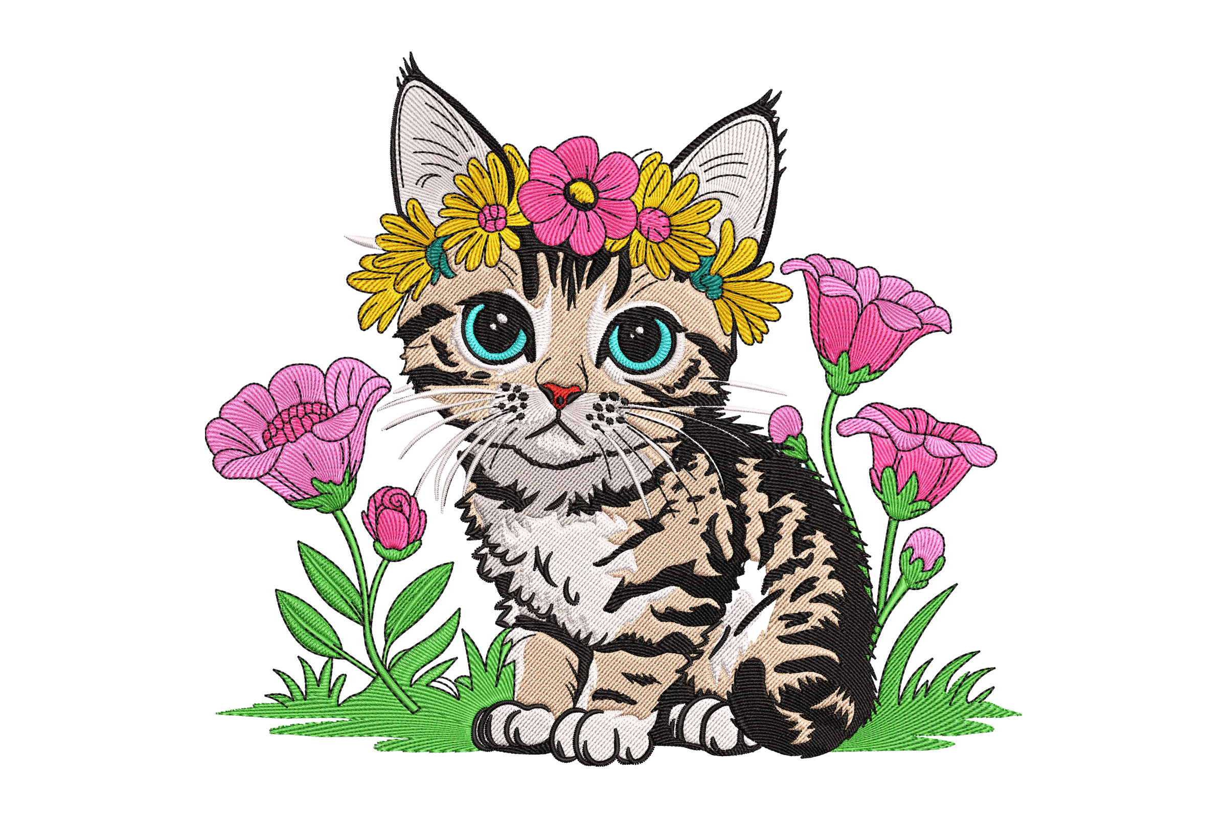 Kitten with Flowers Embroidery Design