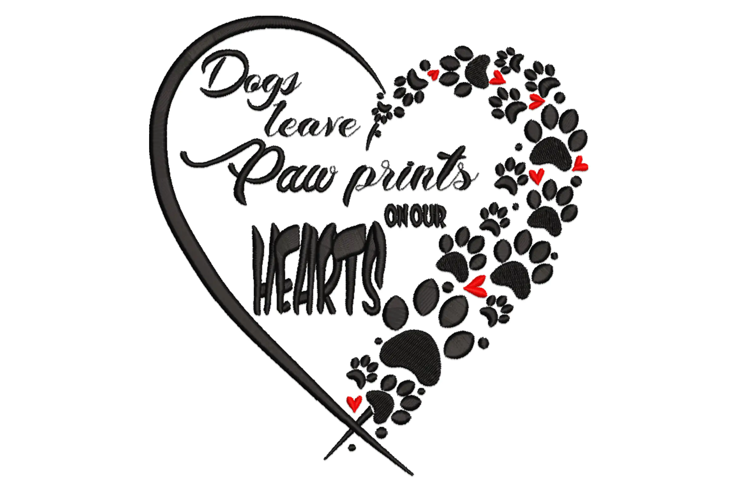 Dogs Leave Paw Prints on Hearts Embroidery Design