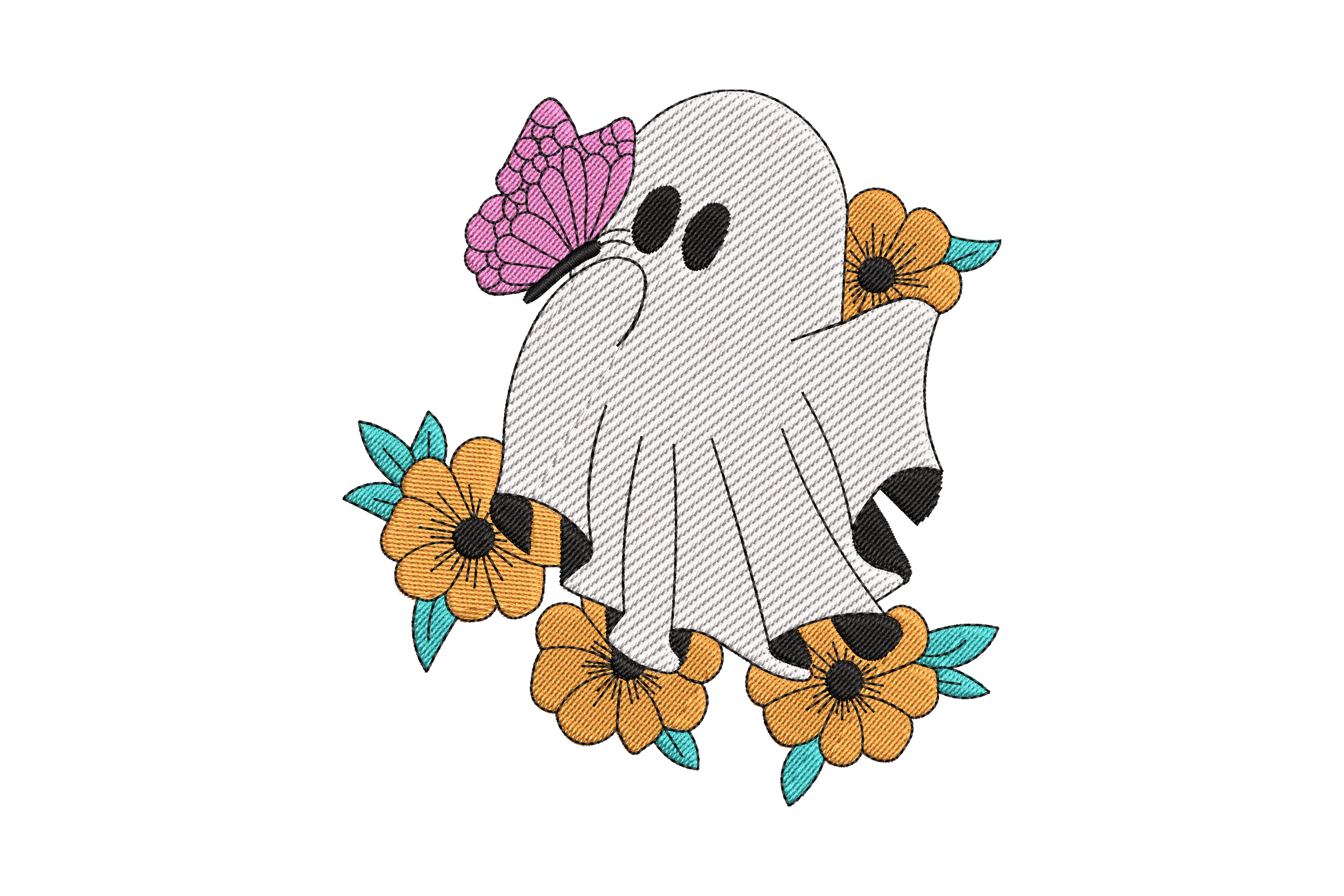 Ghost with Flowers and Butterfly Embroidery Design
