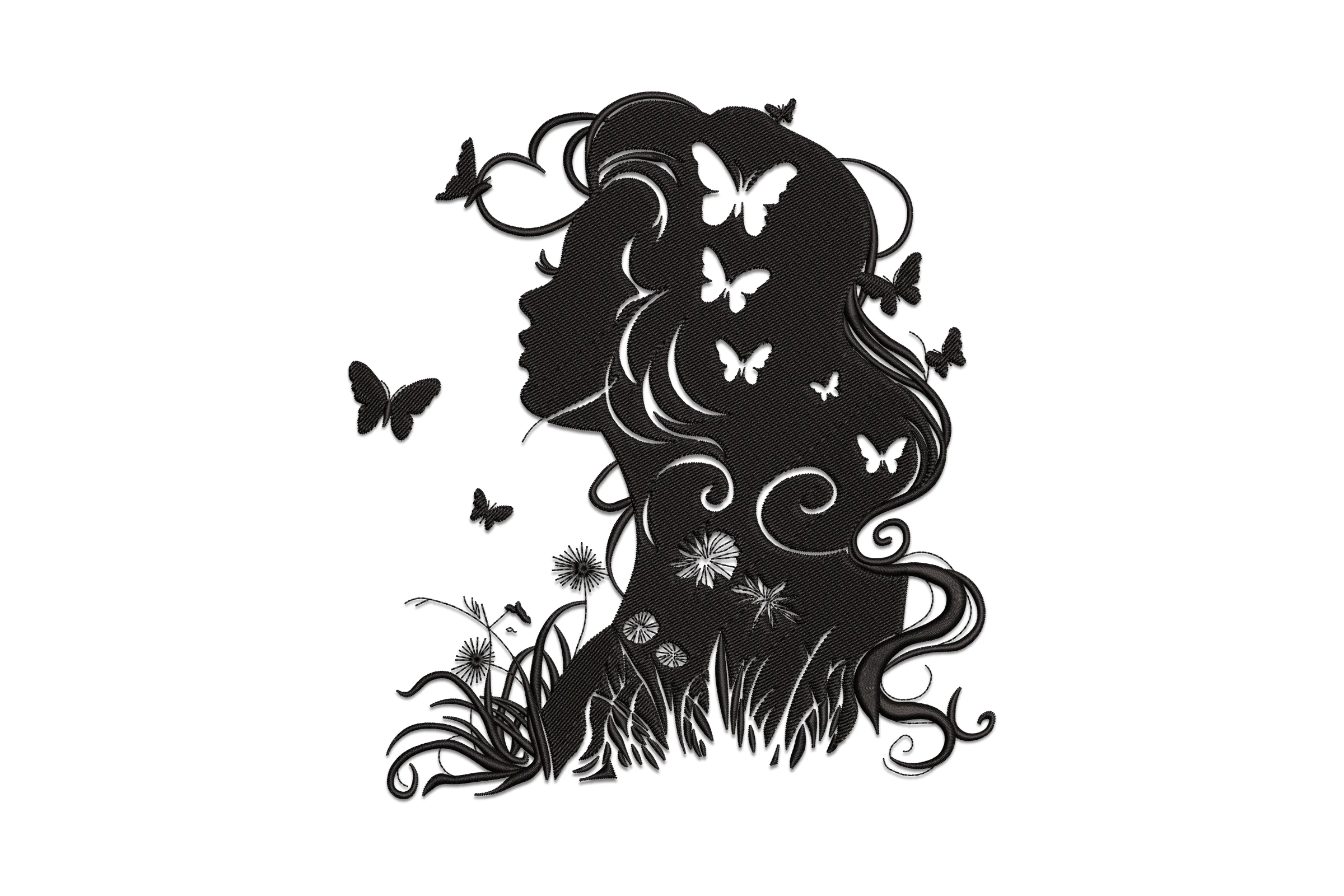 Woman With Long Hair and Butterflies Embroidery Design