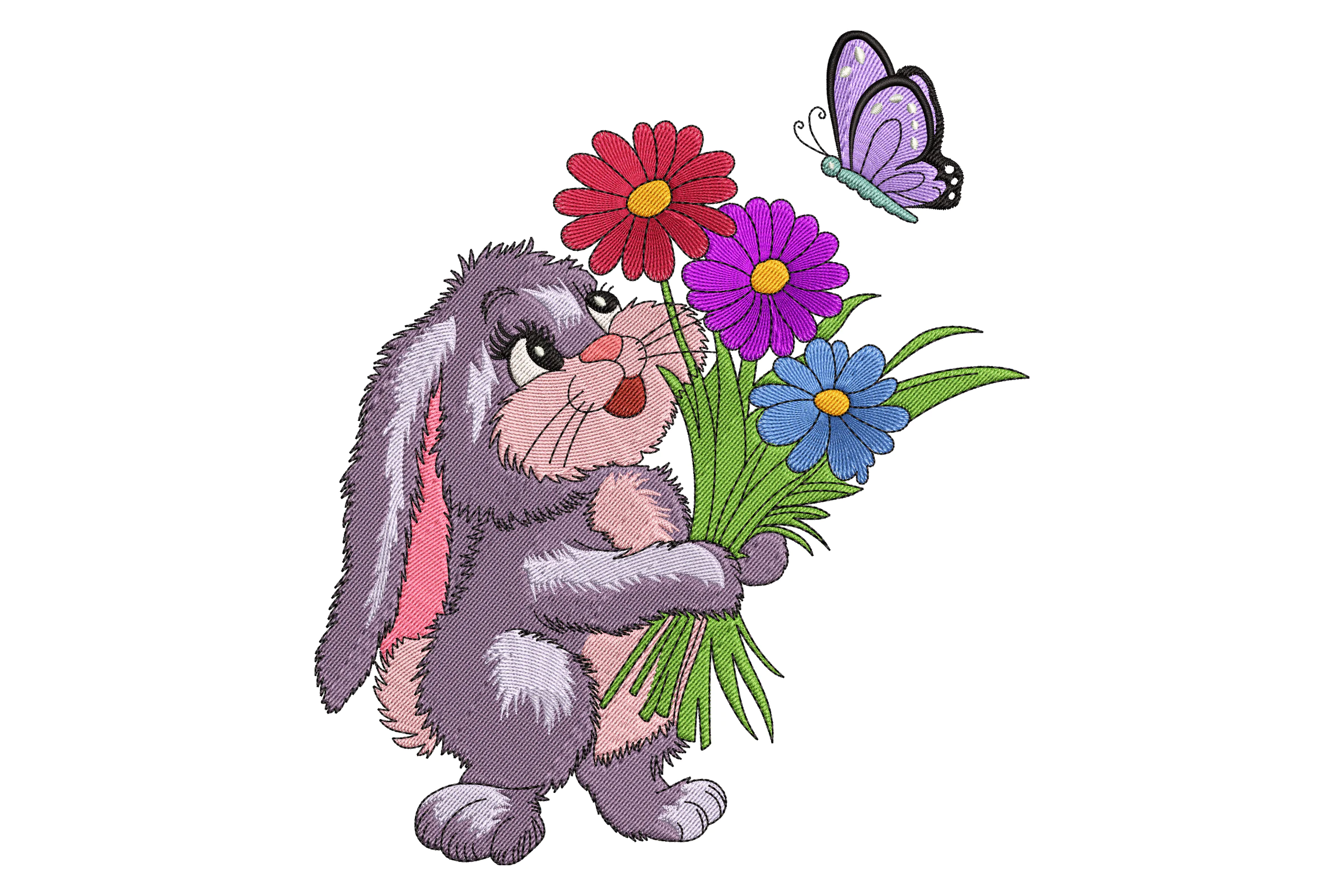 Cute Bunny with Flowers and Butterfly Embroidery Design