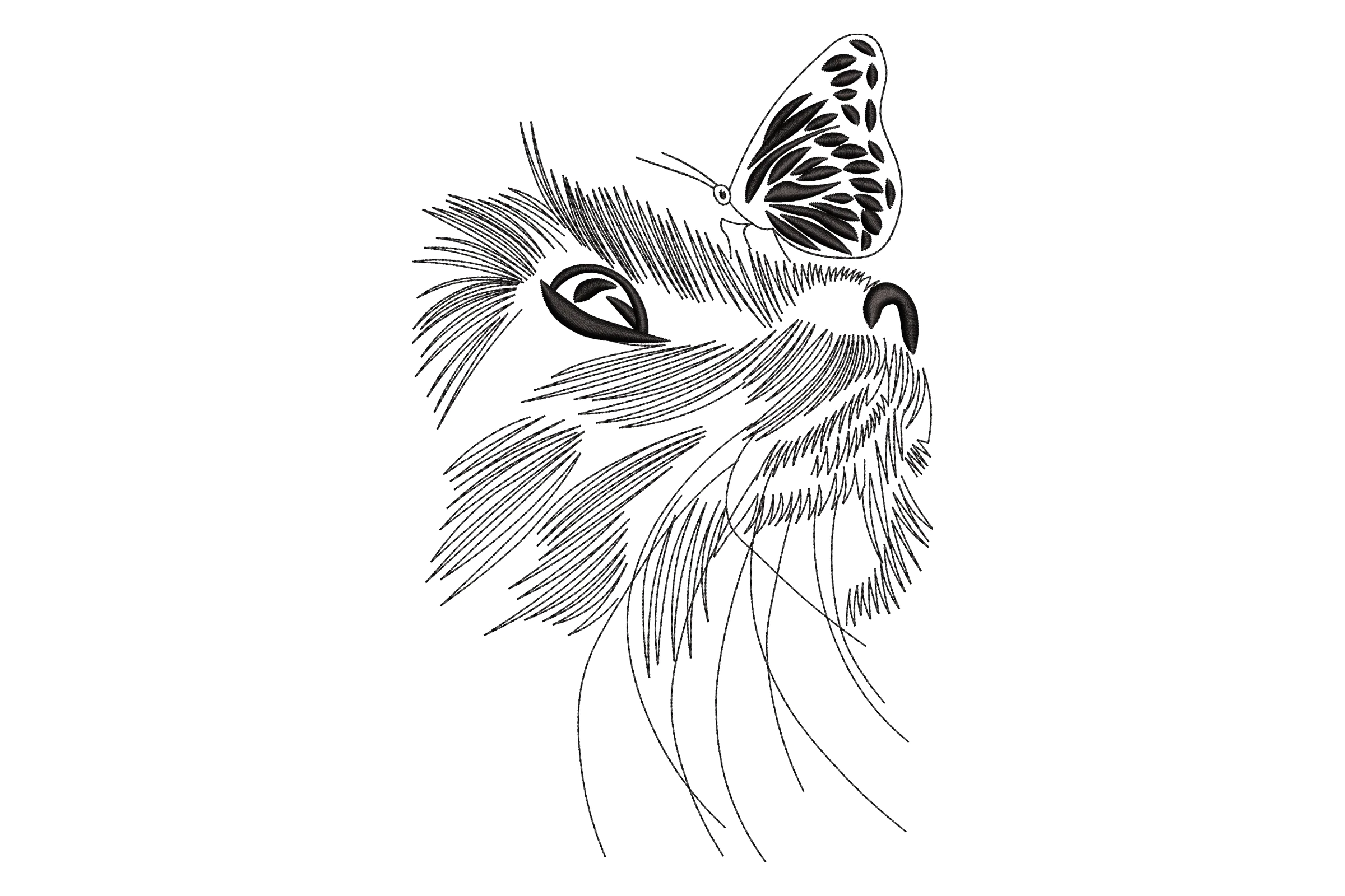 Butterfly and Cat Line Art Embroidery Design