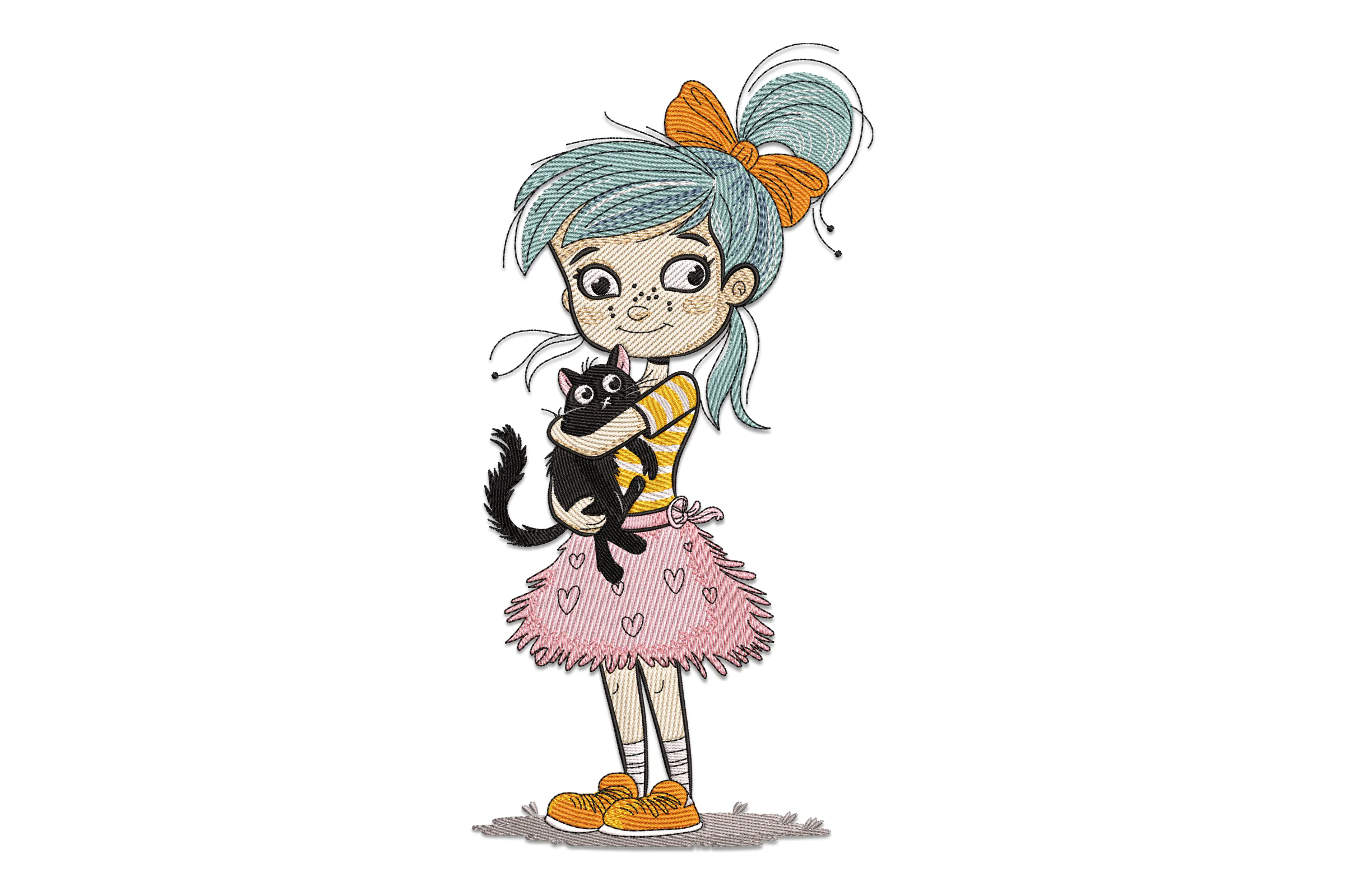 Cute Girl with Black Cat Embroidery Design