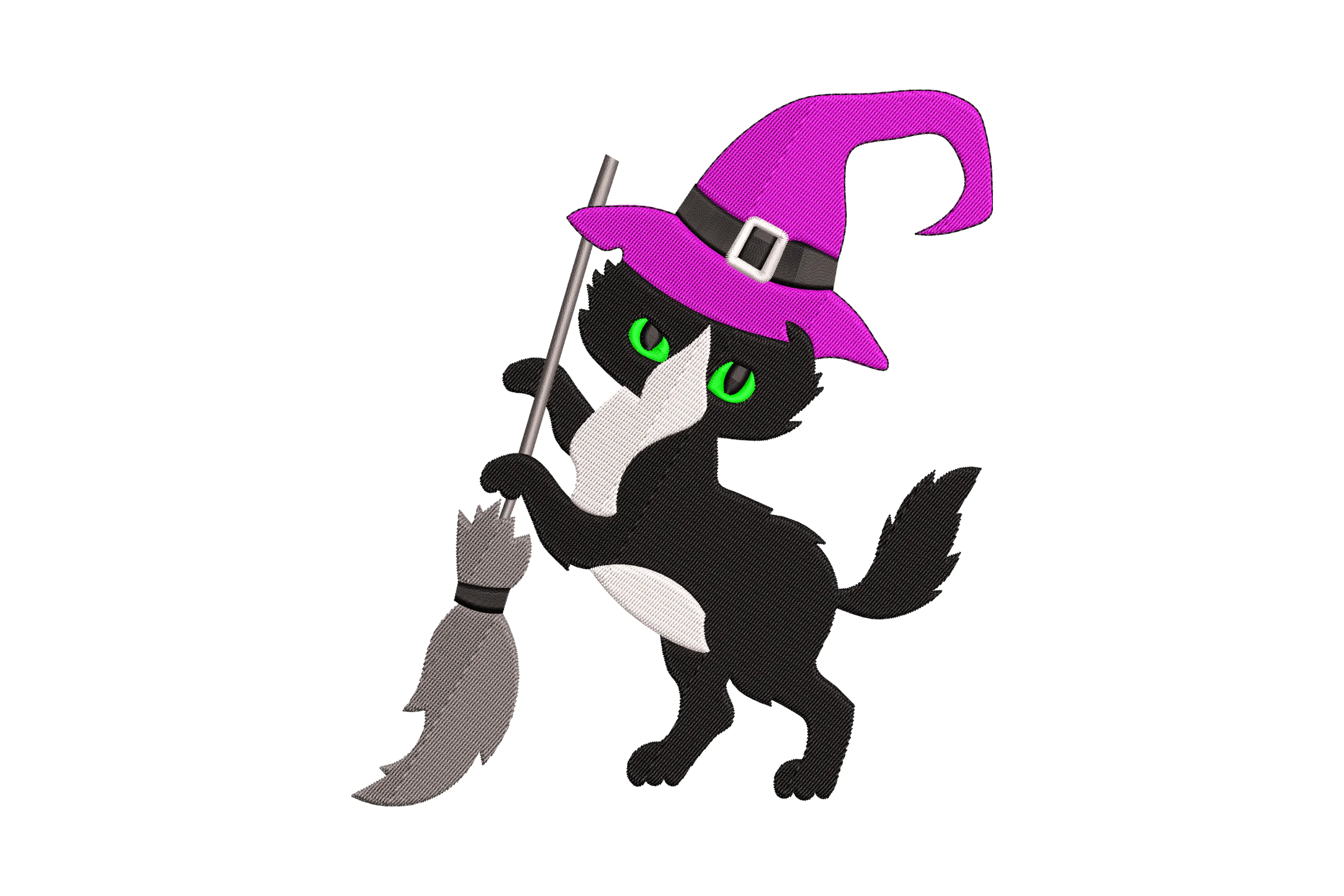 Witch Cat with Broomstick Embroidery Design
