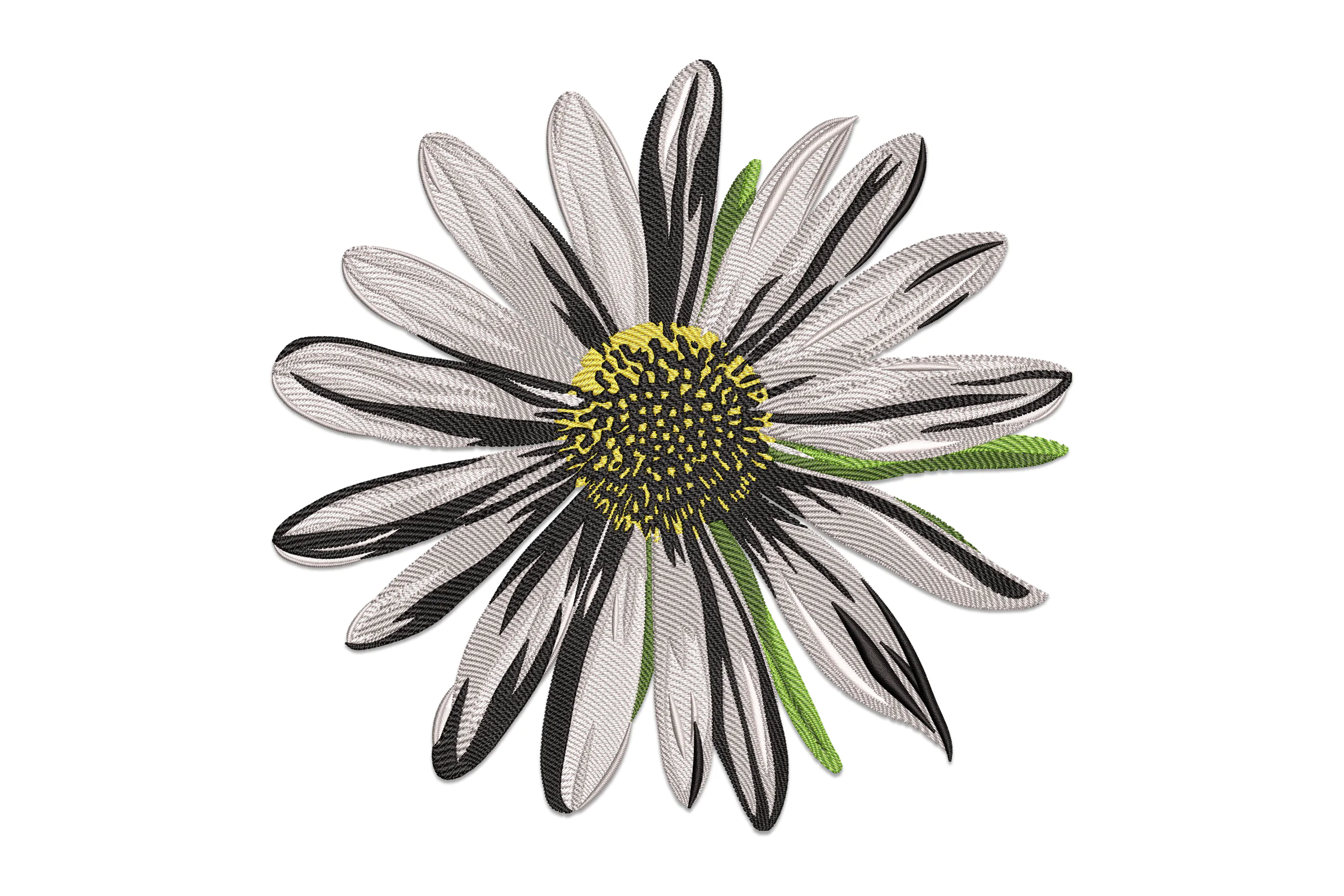 Black And White Daisy With Green Leaves Embroidery Design