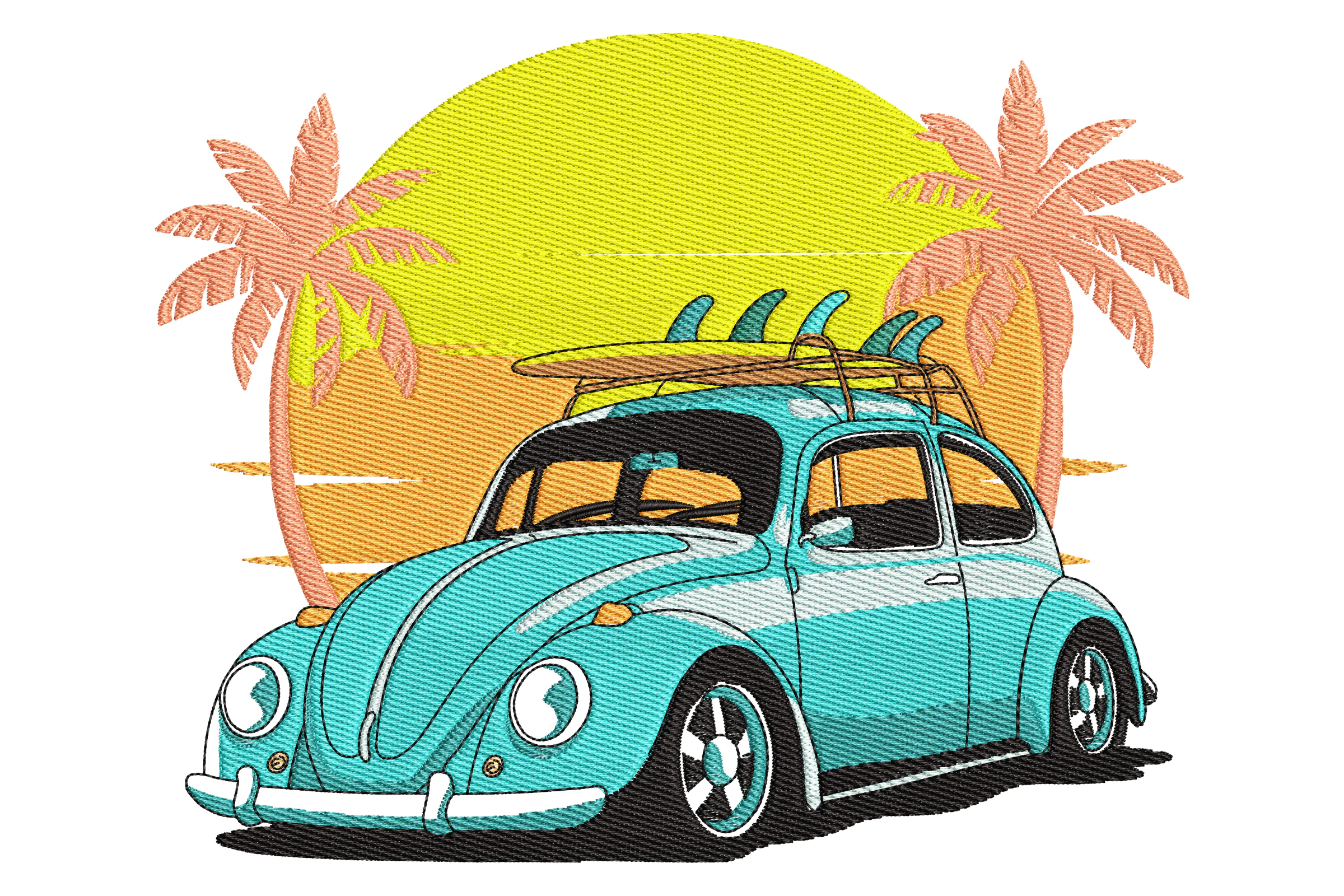 Retro Surf Bug with Palm Trees Embroidery Design