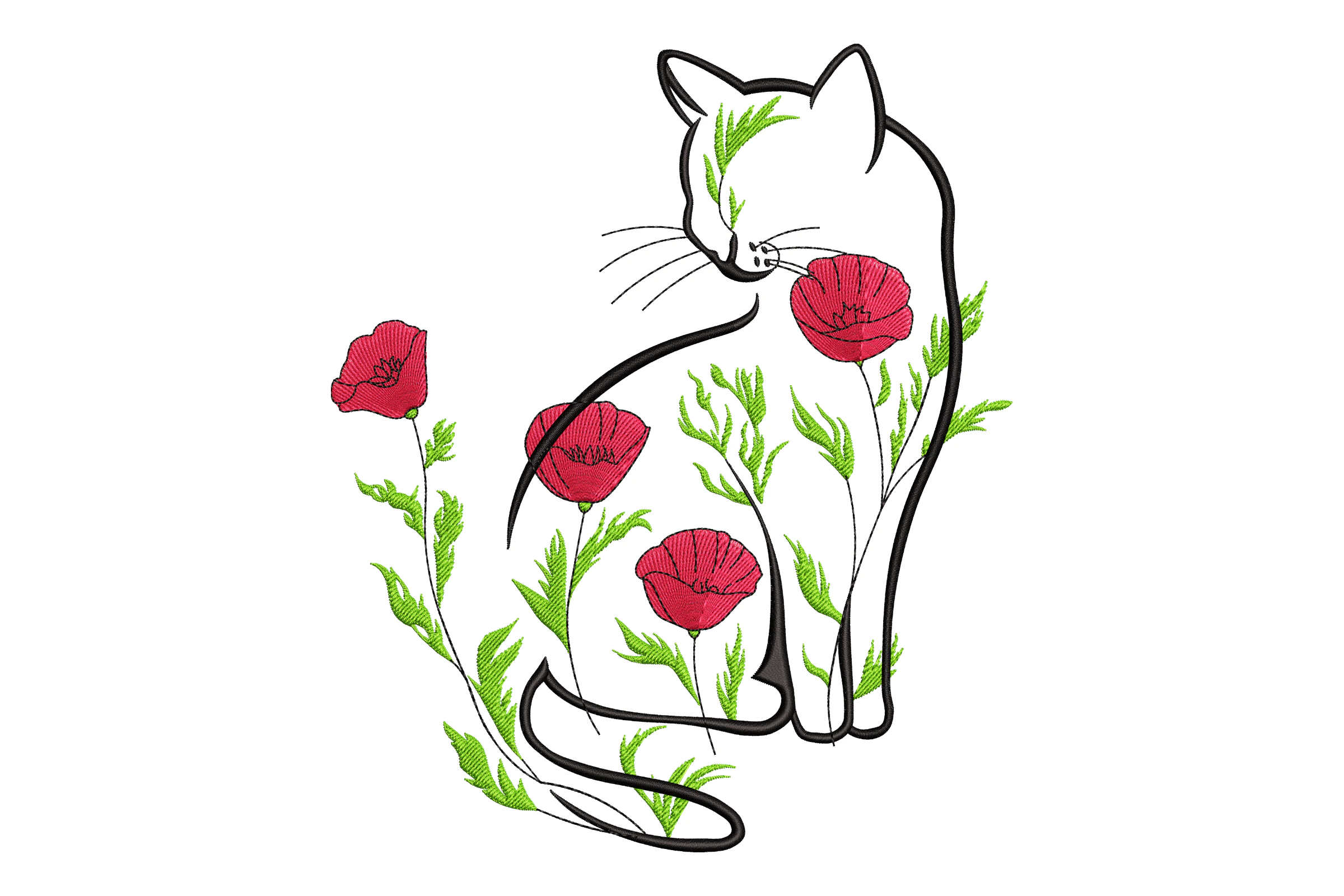 Cat and Poppies Embroidery Design