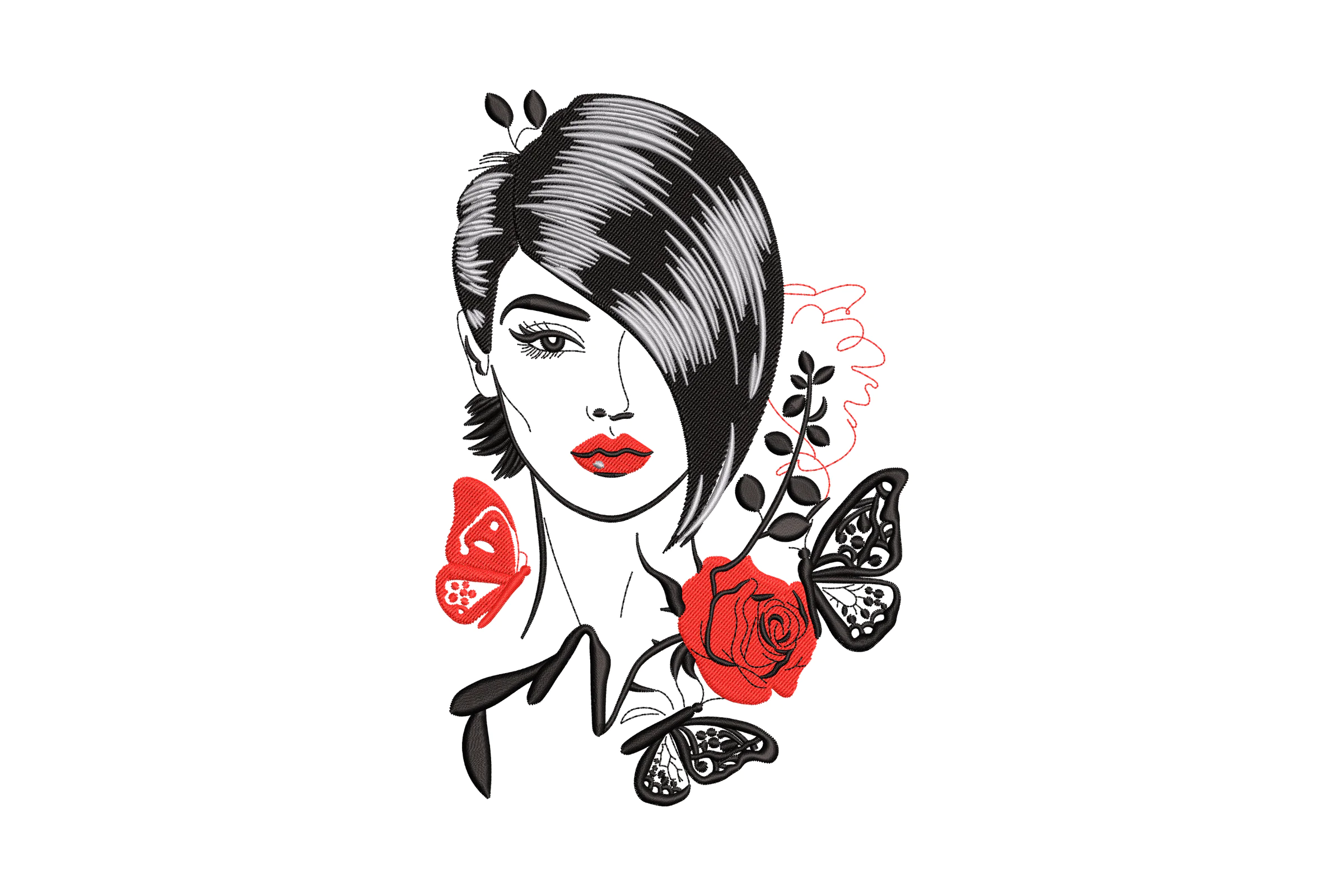 Woman With Red Butterflies And Rose Embroidery Design