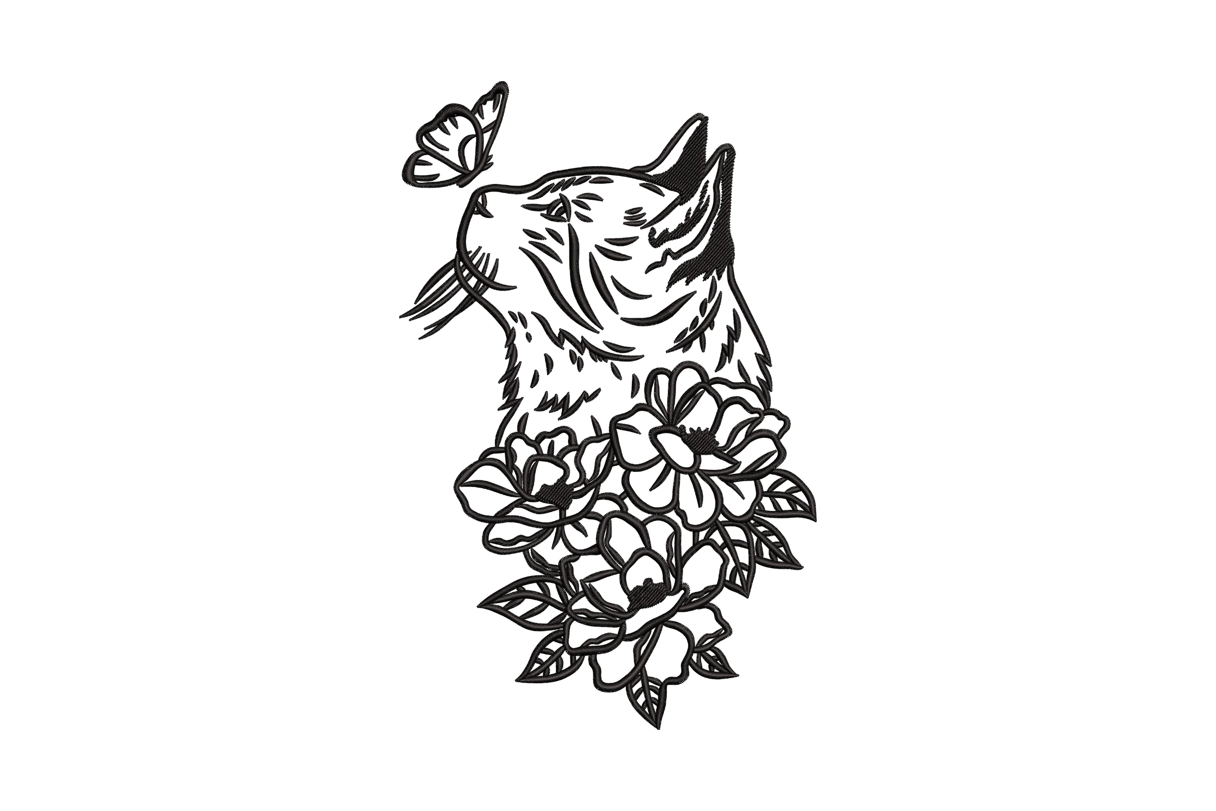 Cute Floral Cat Embroidery Design