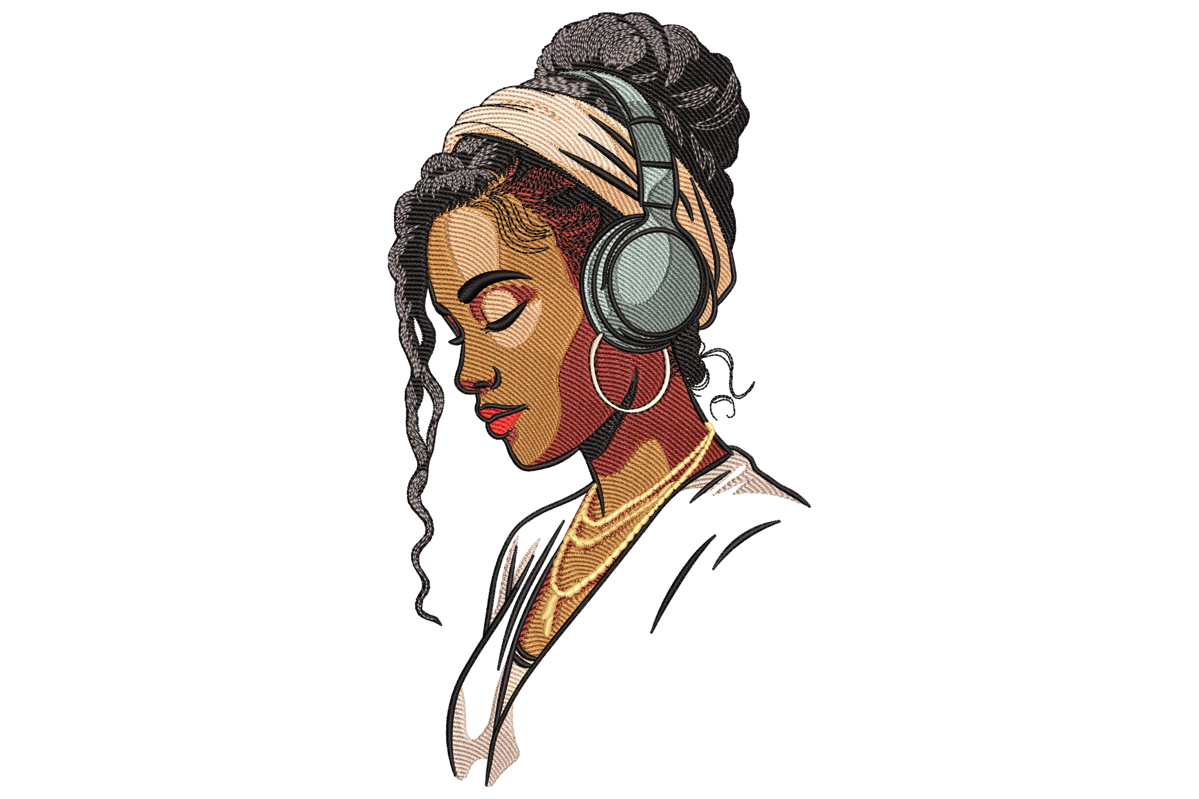 Afro Woman with Headphones Embroidery Design
