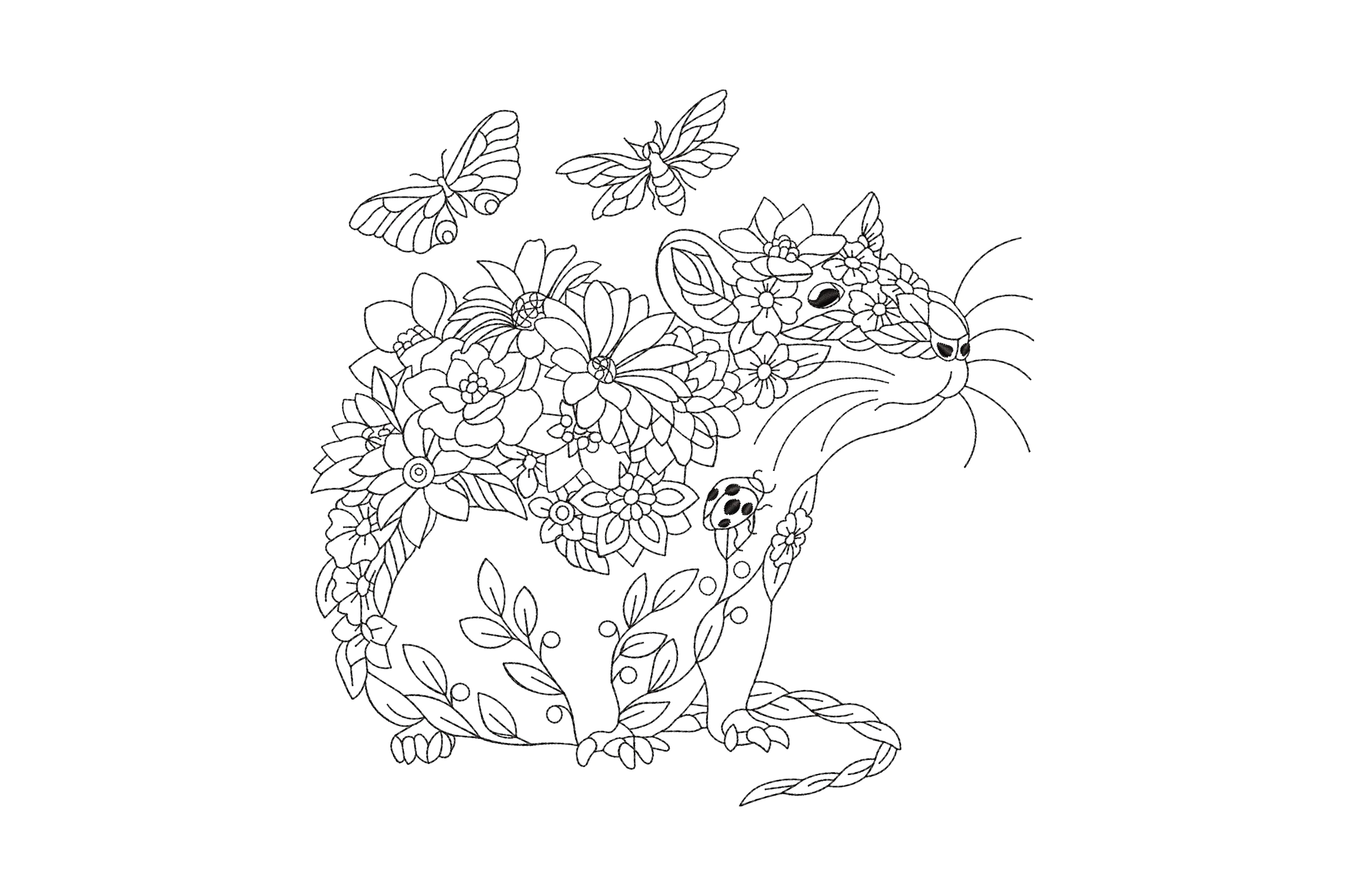 Beautiful Floral Rat with Butterflies Embroidery Design