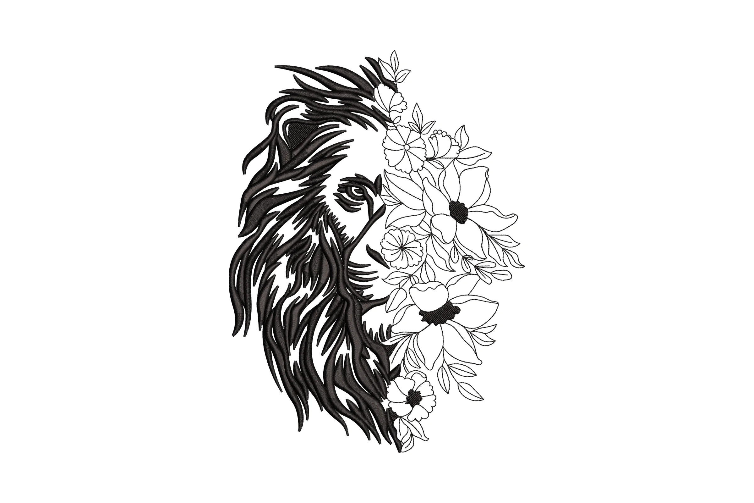 Half Lion and Floral Embroidery Design