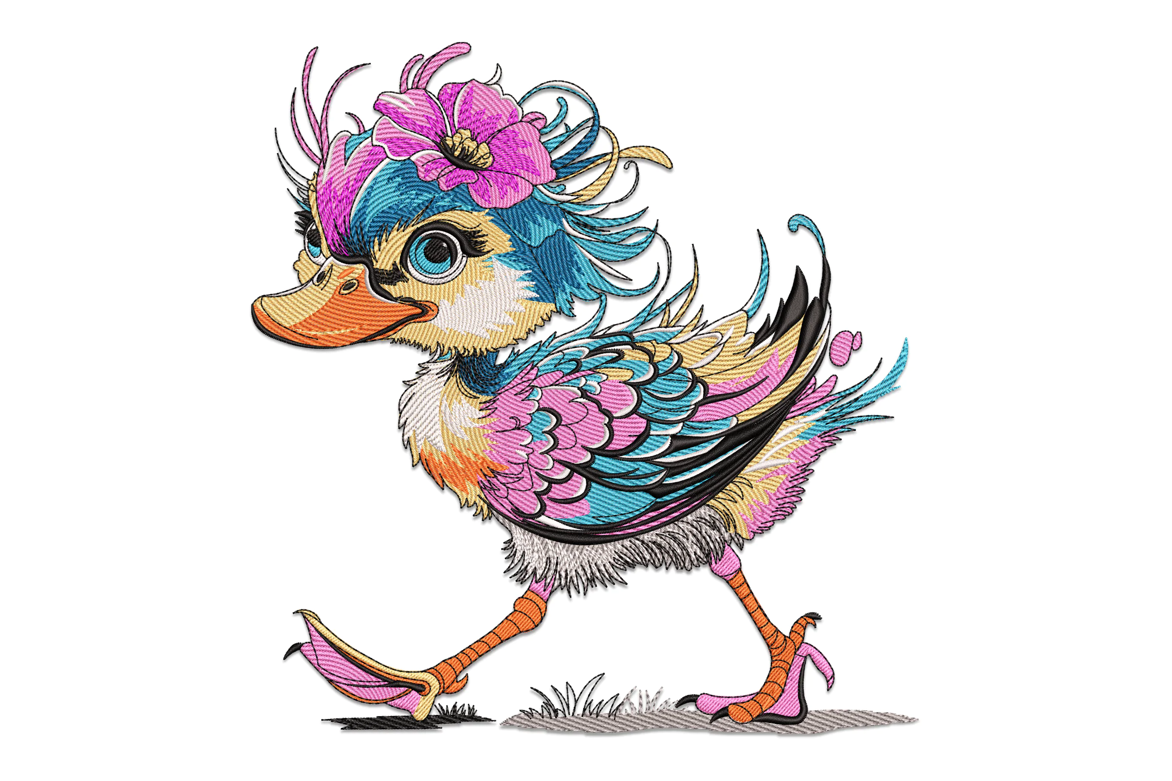 Duck with Flower Embroidery Design