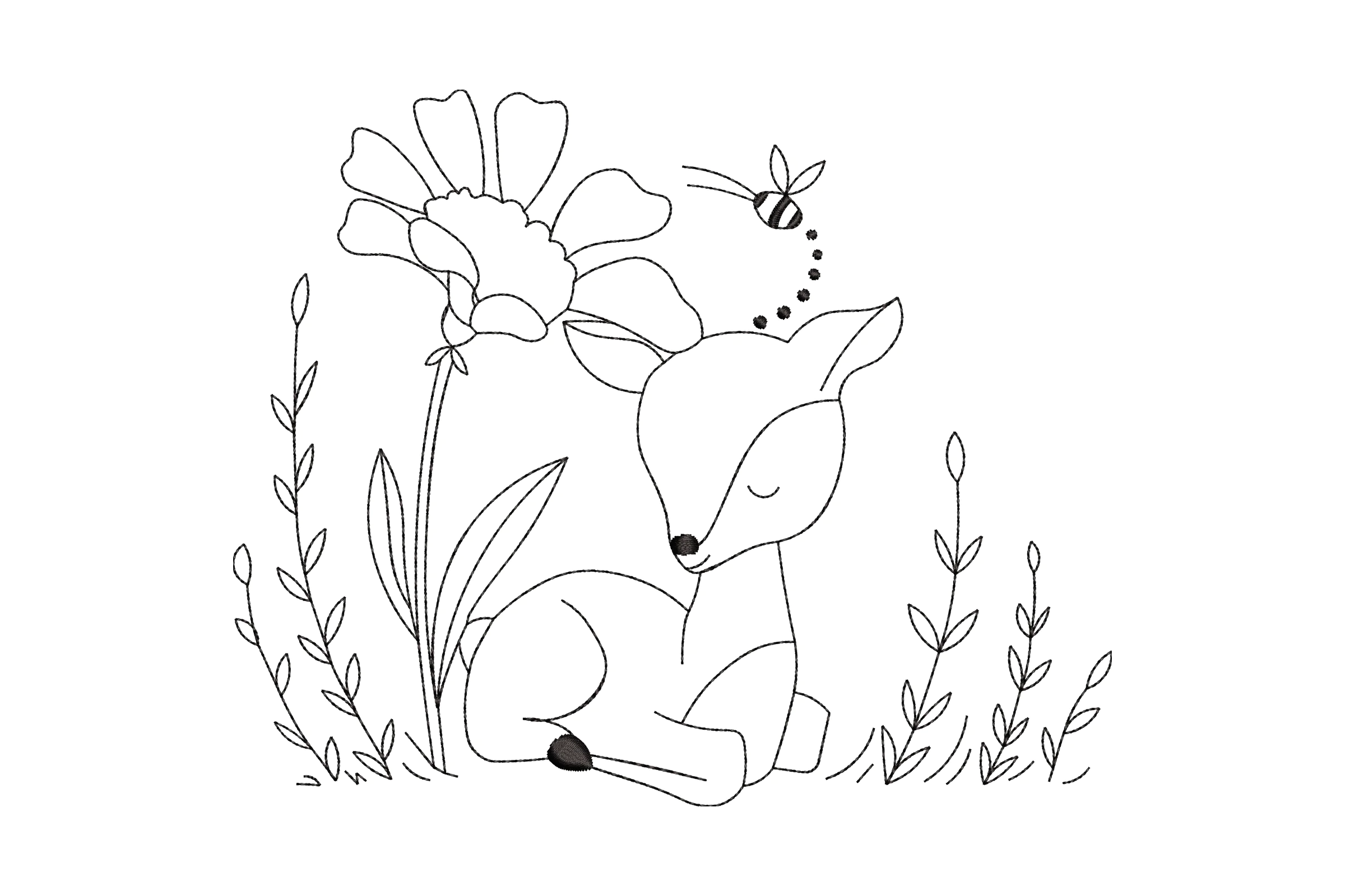 Deer and Flower Embroidery Design with Bee