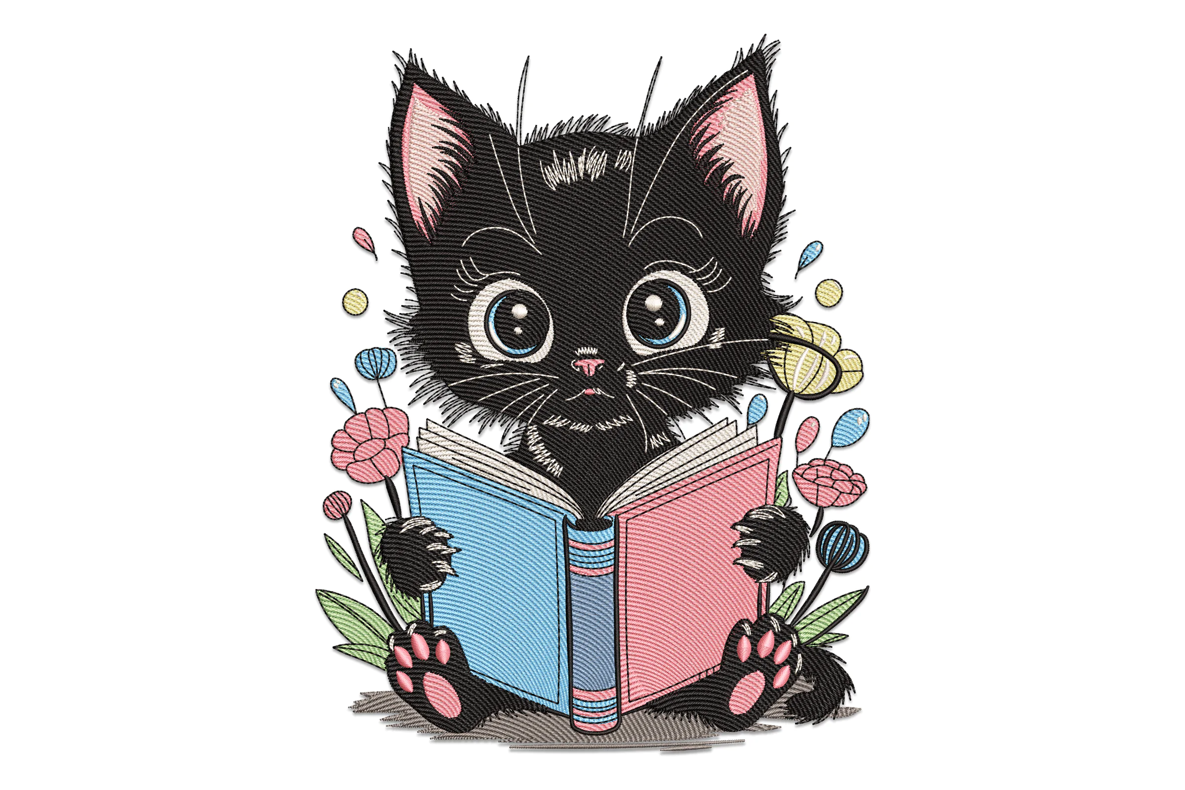 Cute Black Cat Reading Embroidery Design