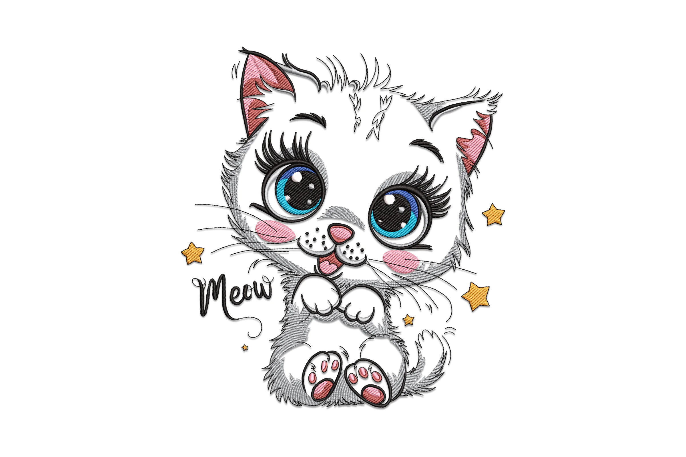Adorable Cat With Stars And Meow Embroidery Design