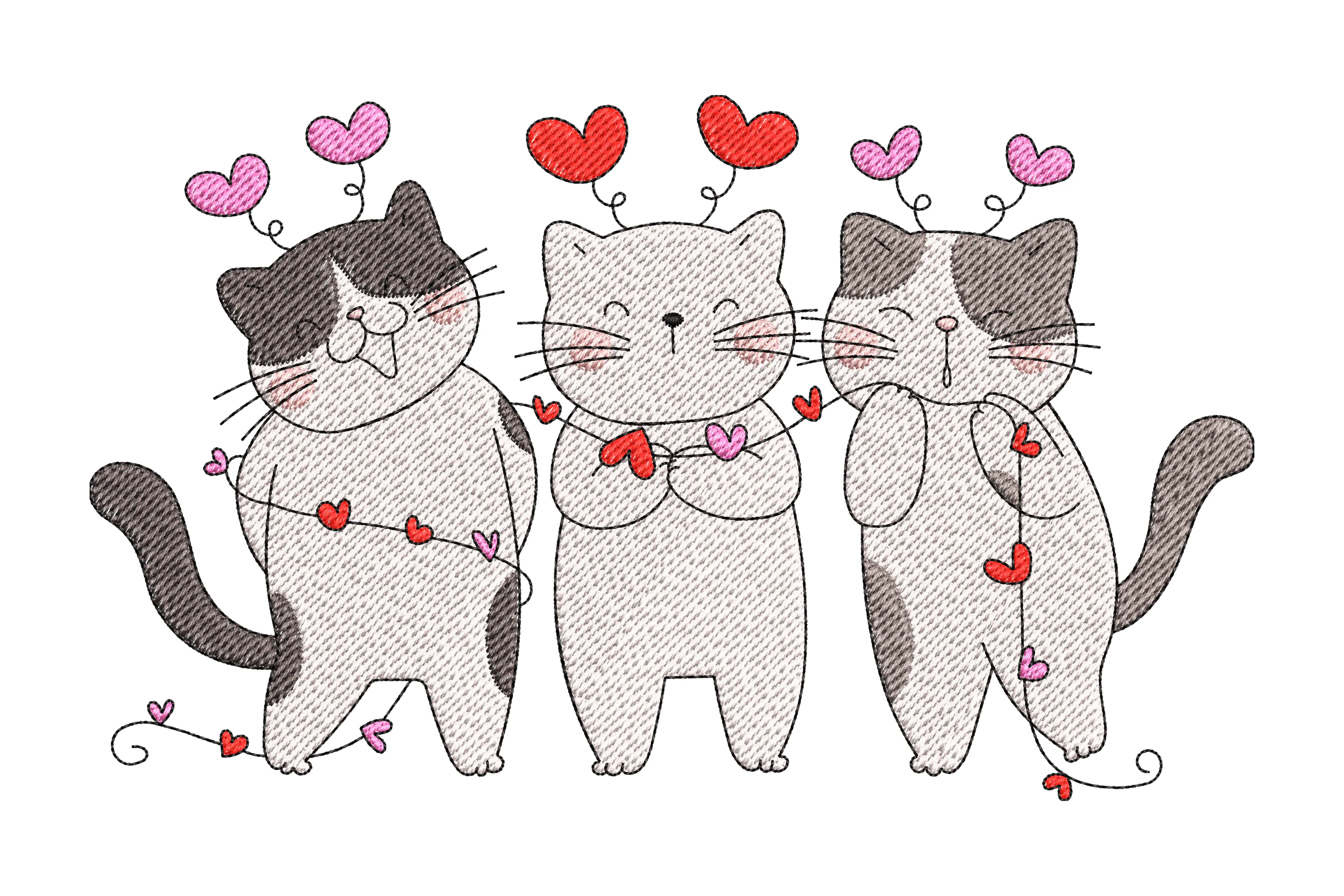 Three Cute Cats with Hearts Embroidery Design