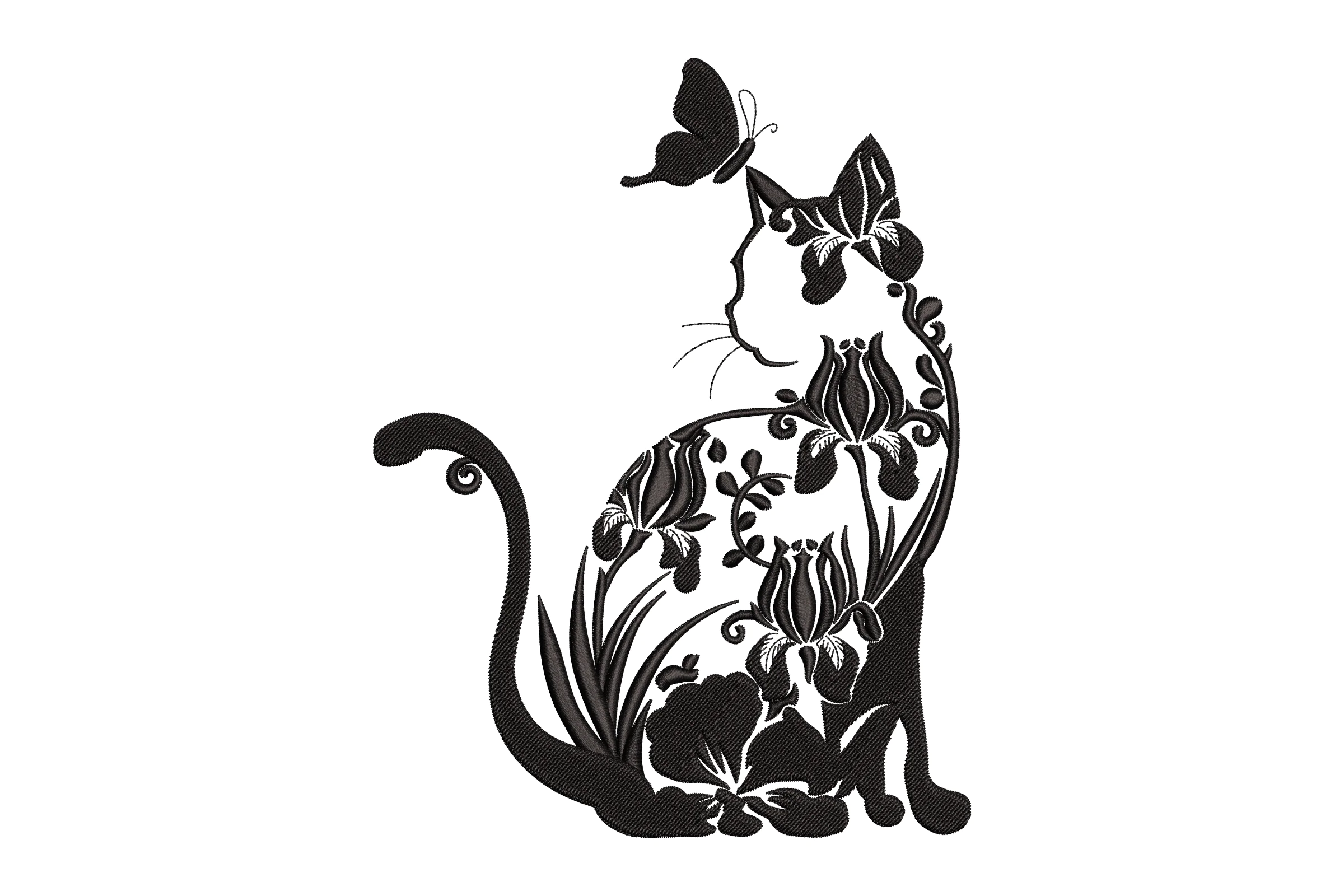 Floral Cat with Butterfly Embroidery Design