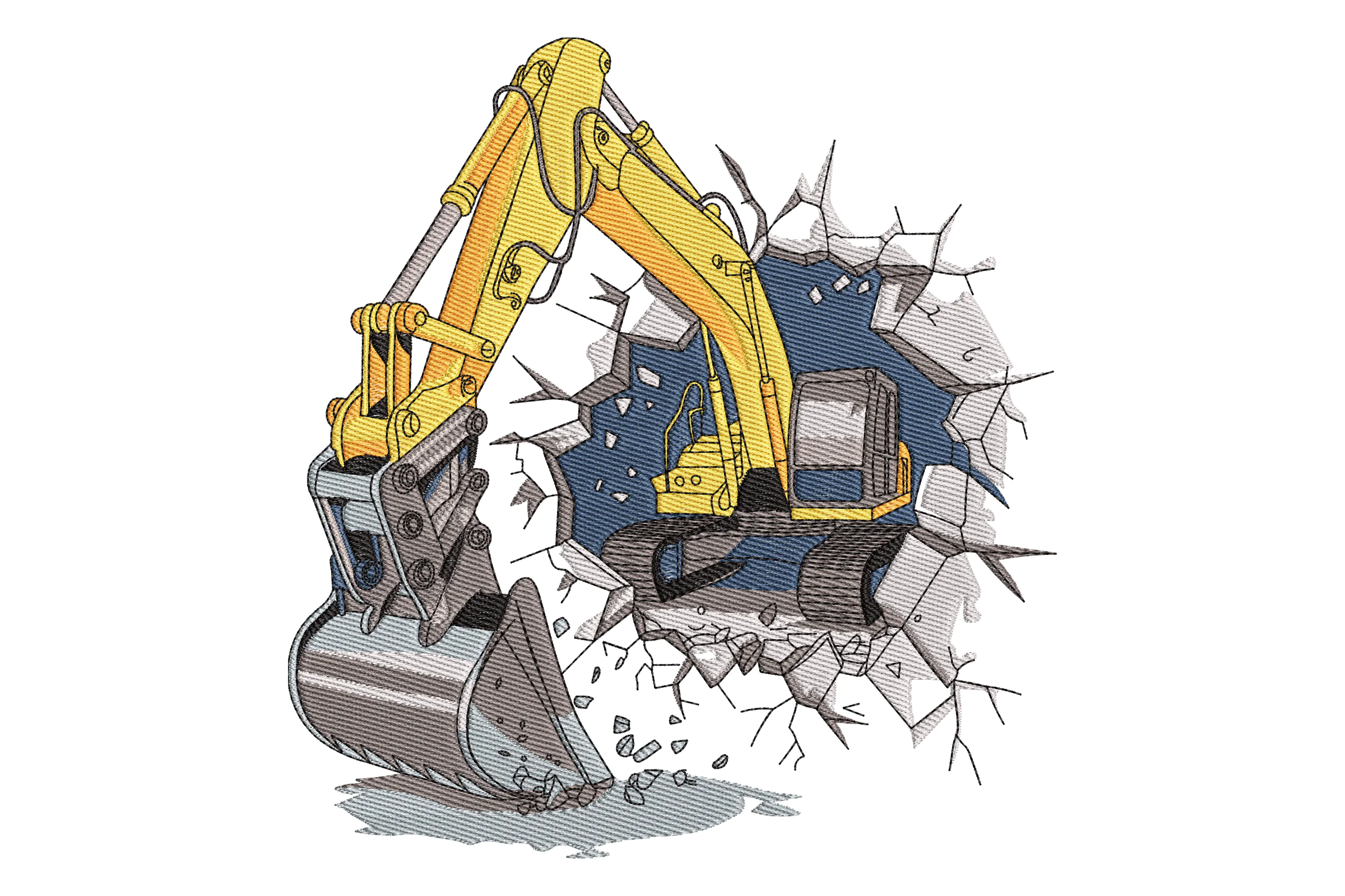 Excavator Breaking Through Wall Embroidery Design