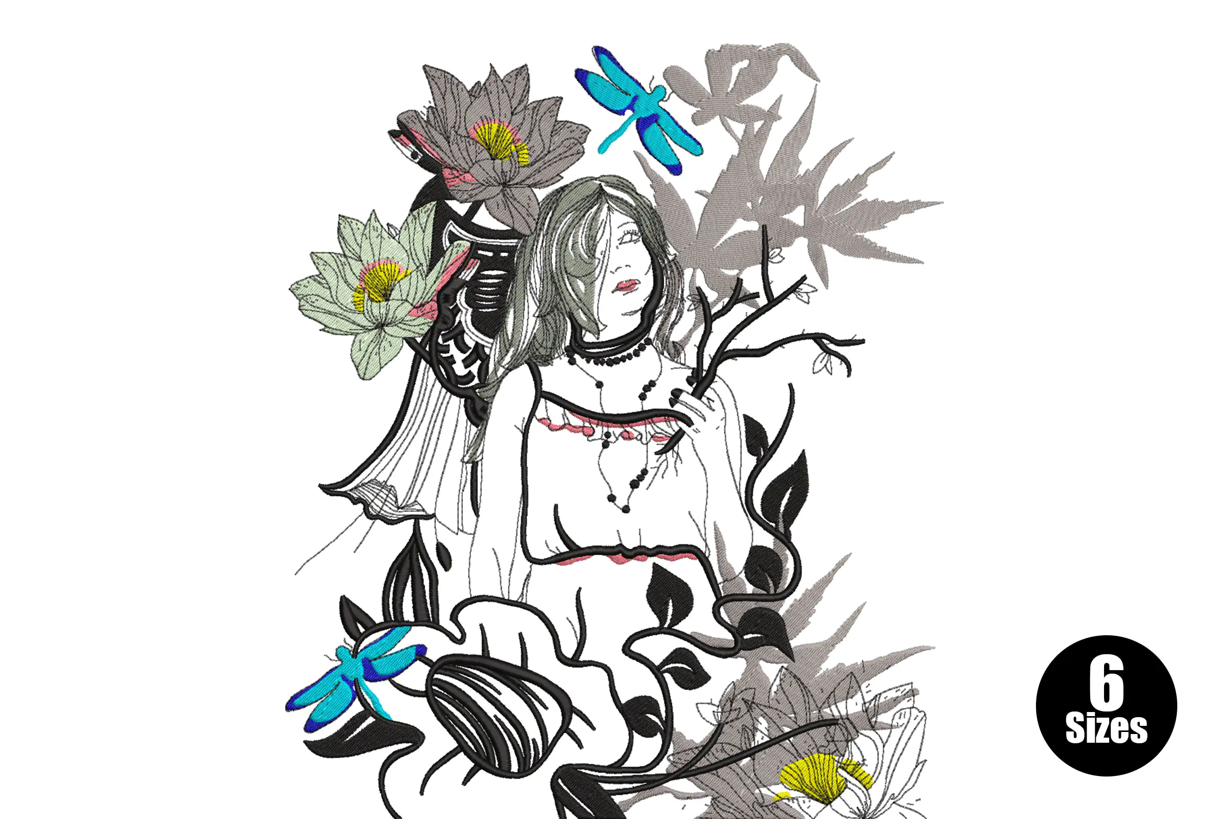 Girl with Fantasy Plants Embroidery Design