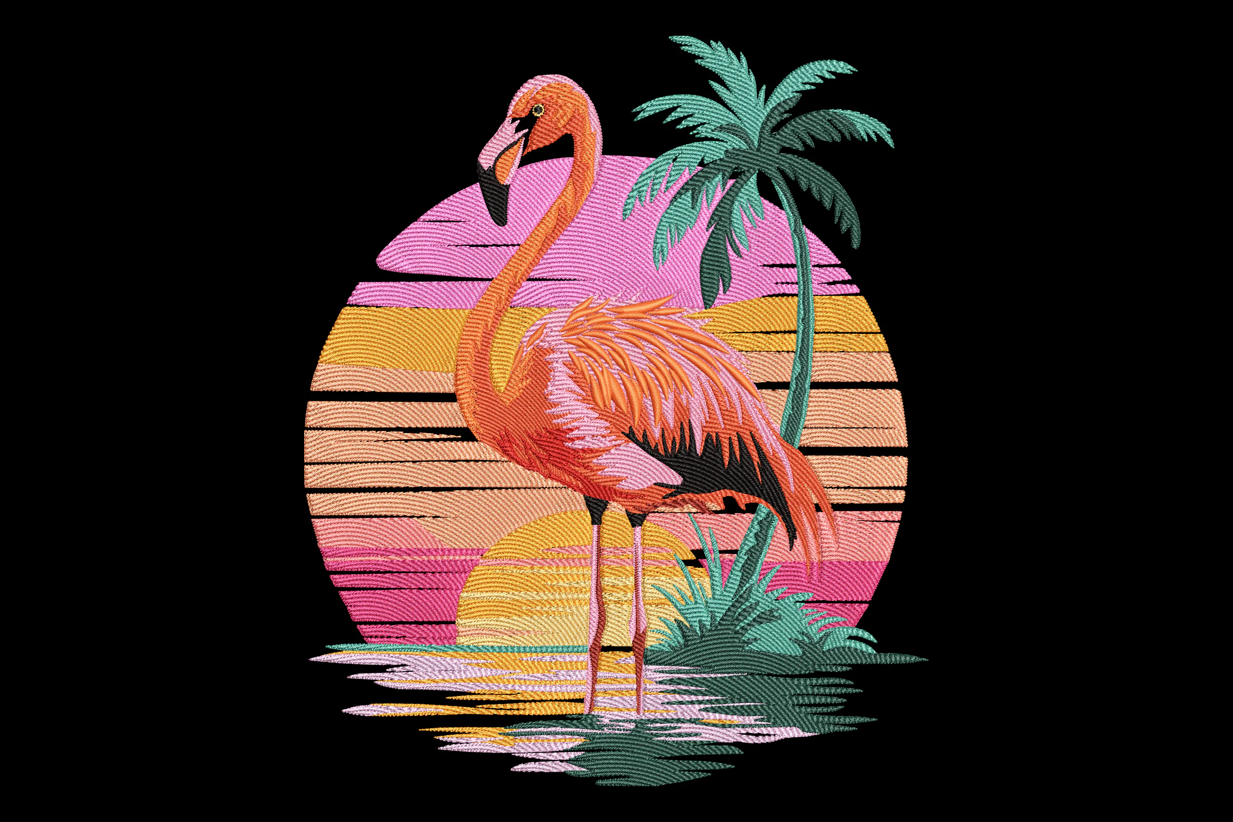 Flamingo with Tropical Palm Trees and Sunset Embroidery Design