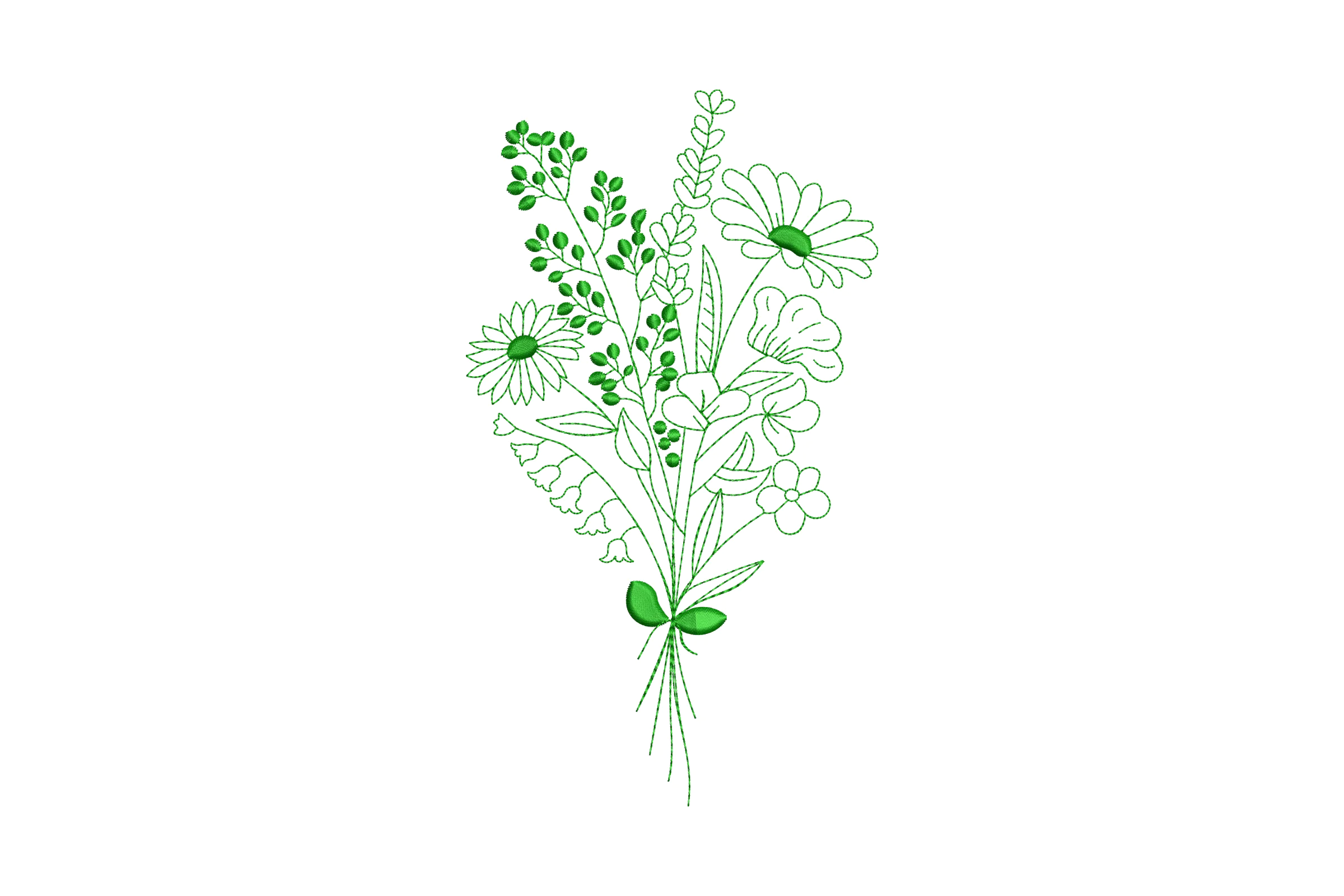 Green Wildflower Bouquet with Daisies Embroidery Design