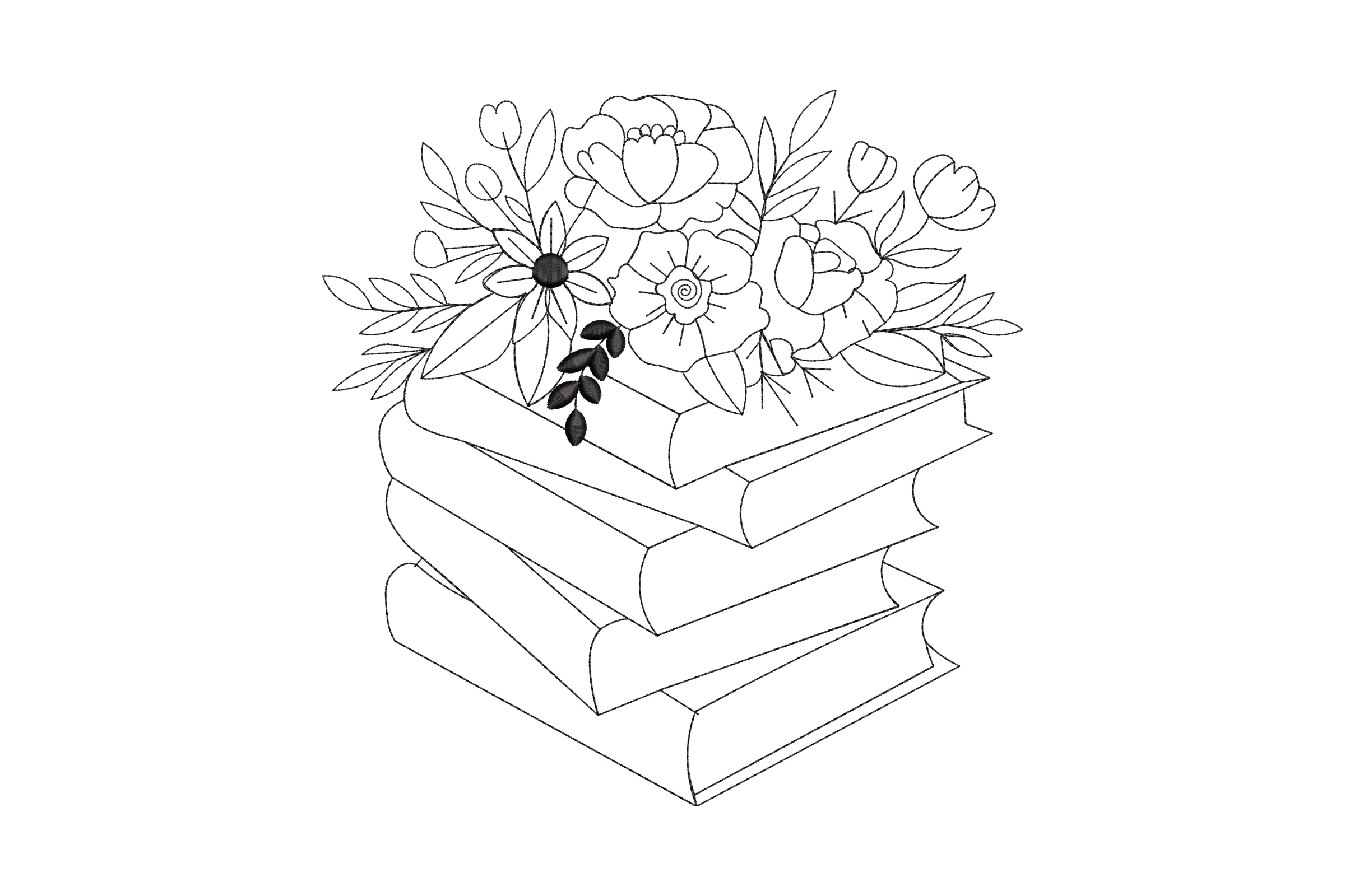 Floral Arrangement on Stacked Books Embroidery Design