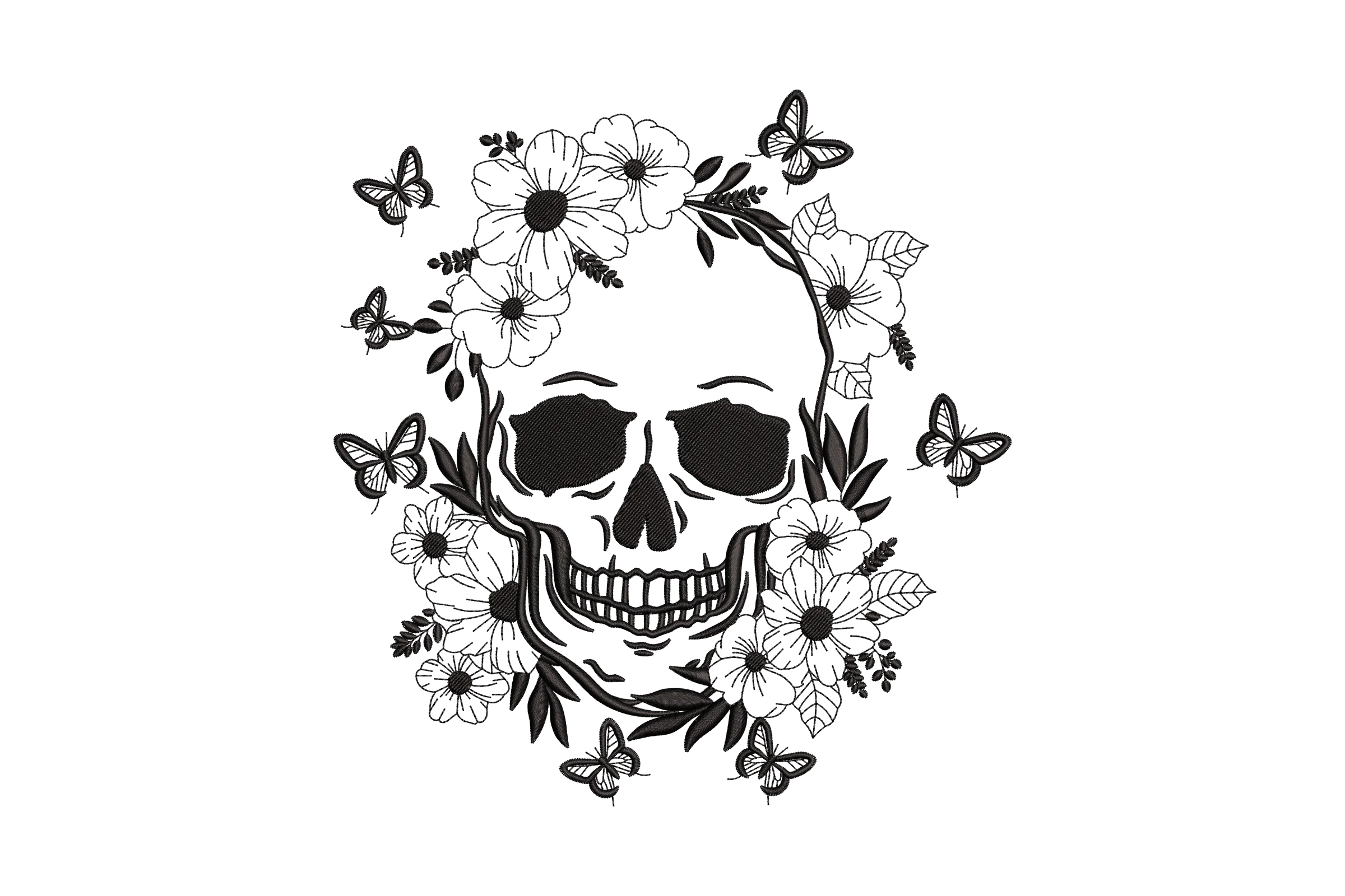 Cute Floral Skull Embroidery Design