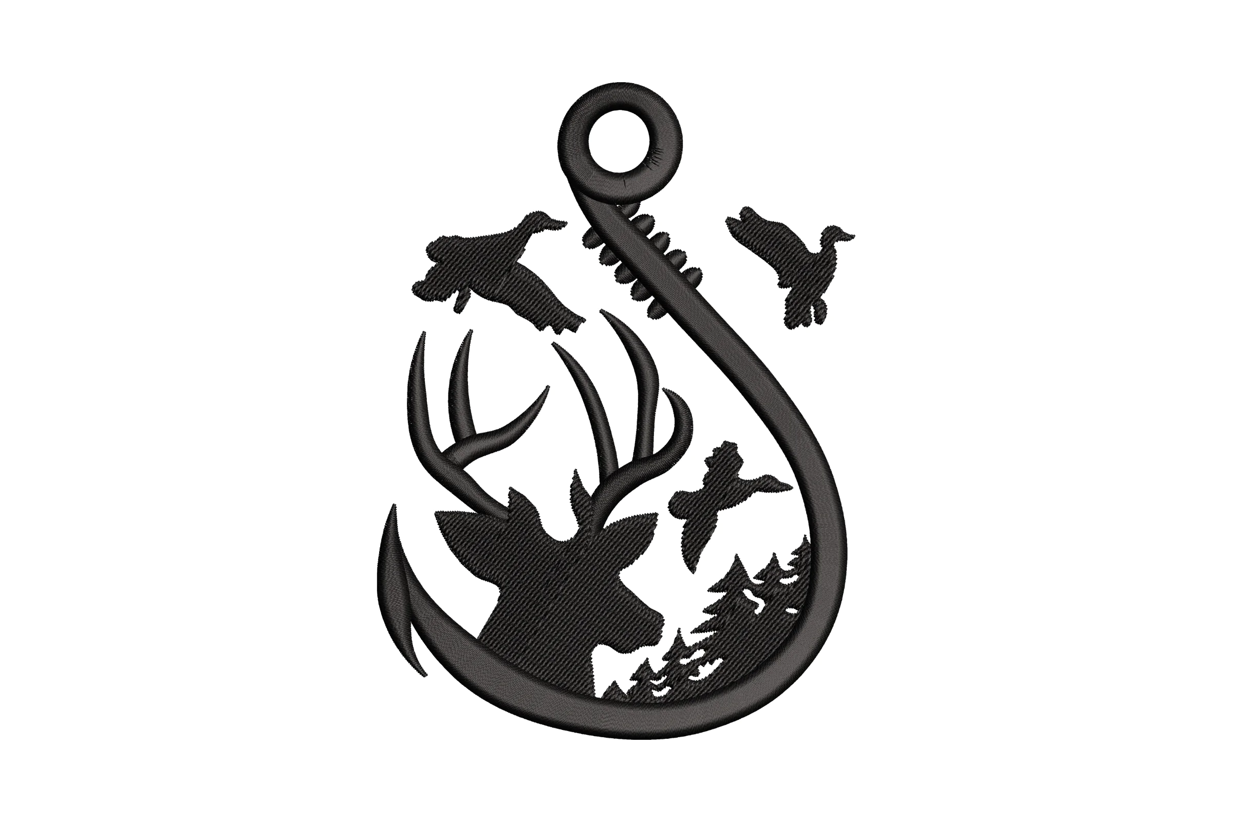 Fishing Hook with Deer and Ducks Embroidery Design