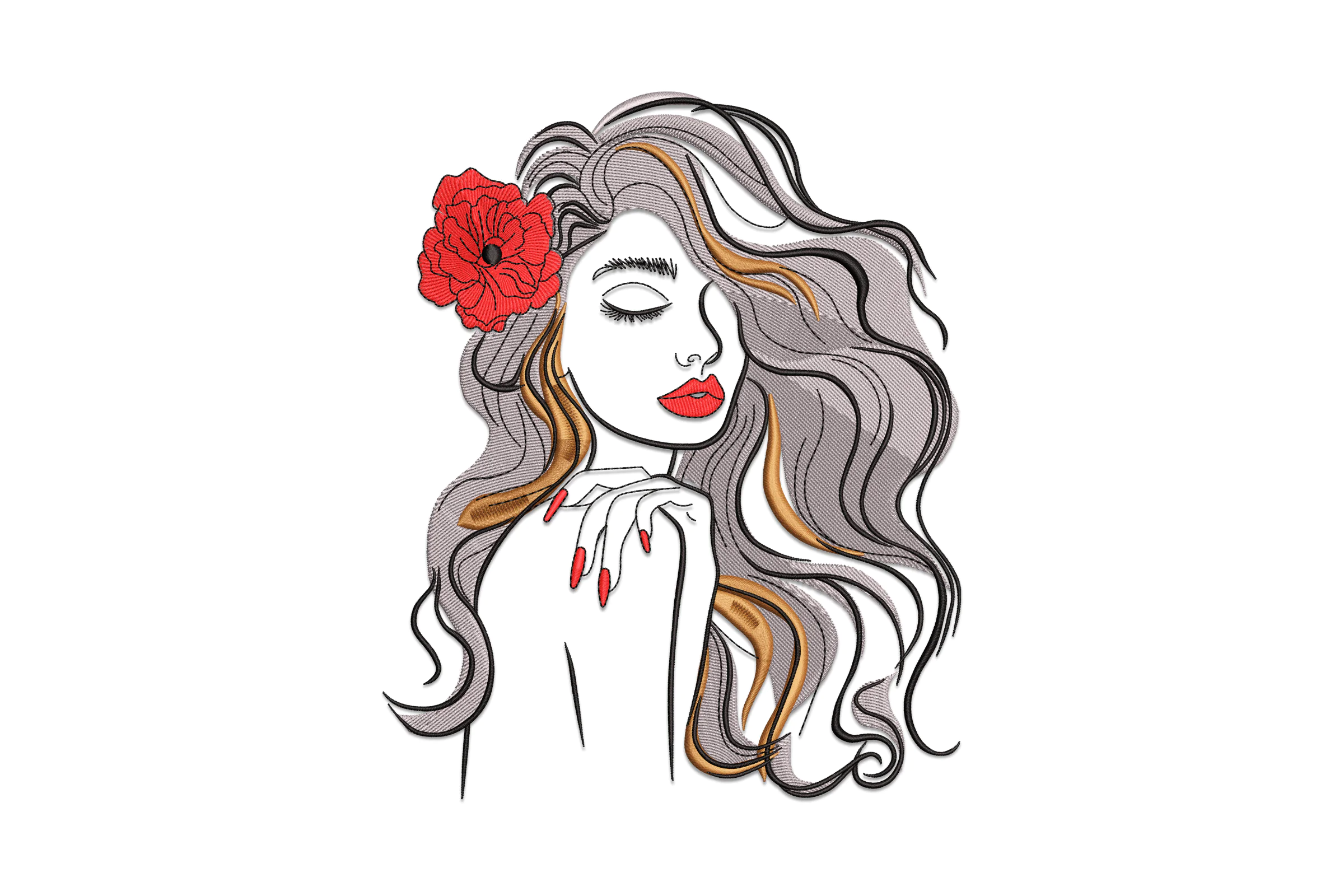 Beautiful Woman With Flower Embroidery Design