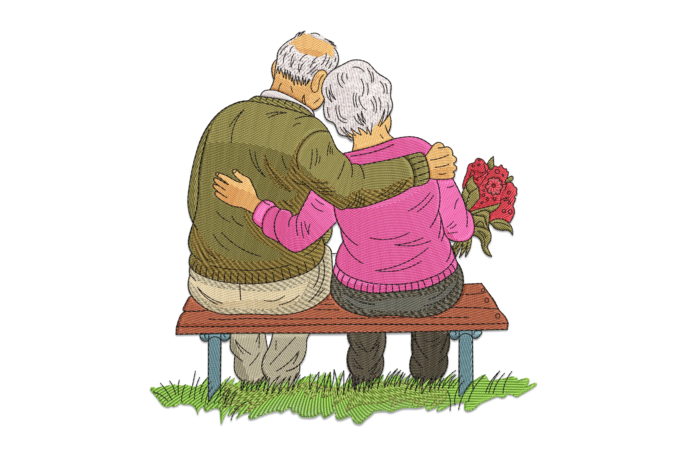 Couple Sitting On A Bench With Flowers Embroidery Design