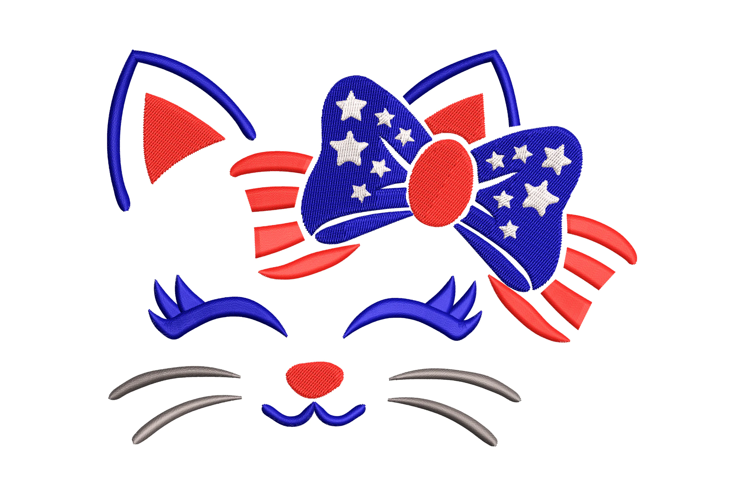 Patriotic Cat Face Embroidery Design with American Flag Bow