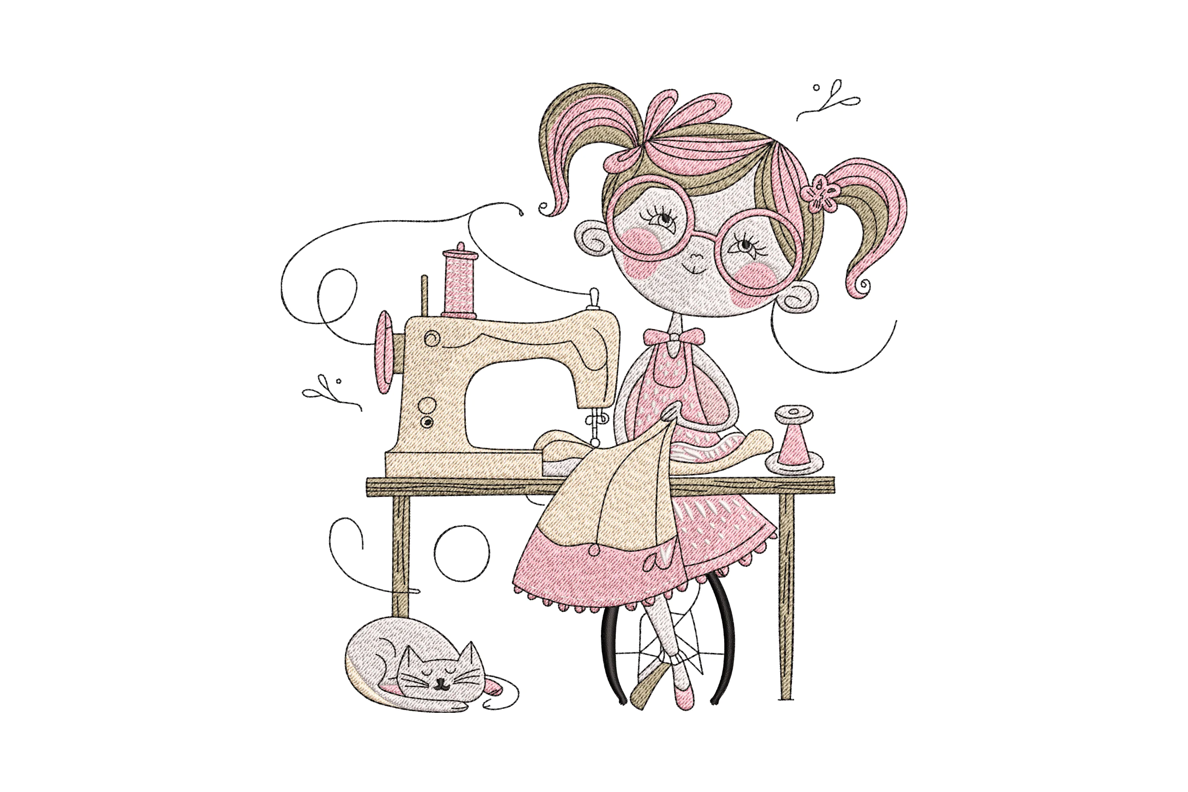 Sewing Girl With Cat Embroidery Design