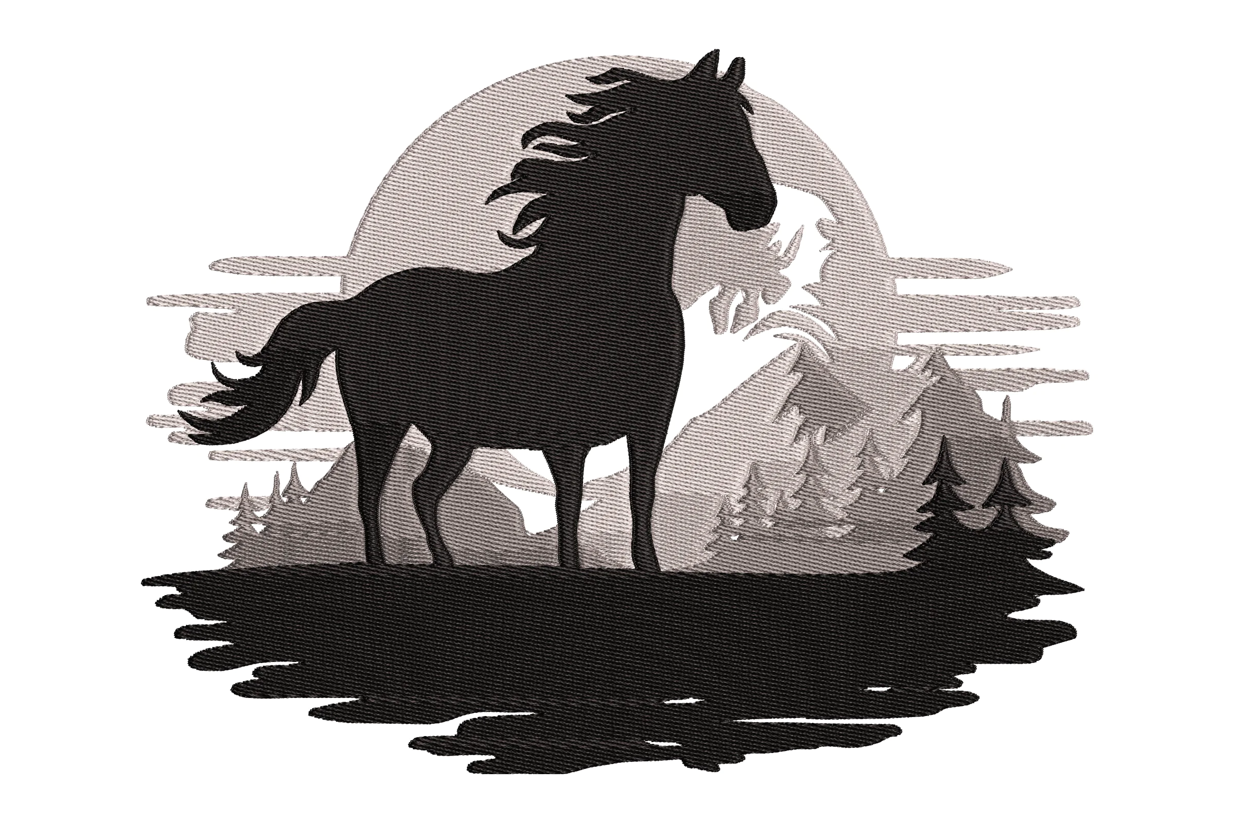 Horse Silhouette with Mountain Landscape Embroidery Design