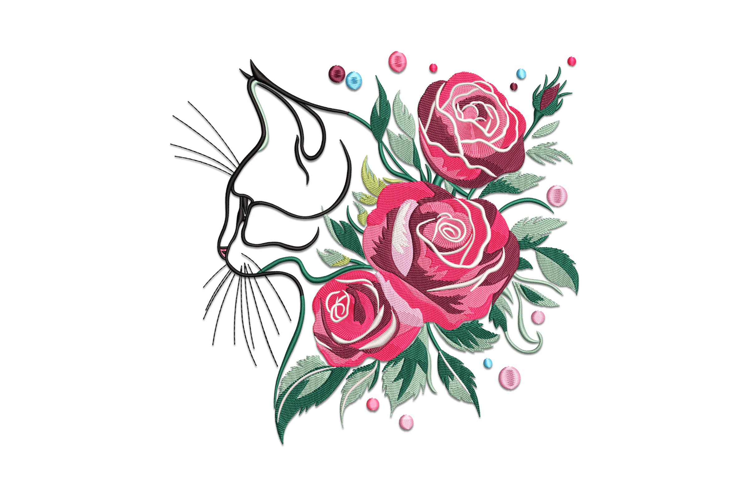 Cat with Flower Embroidery Design