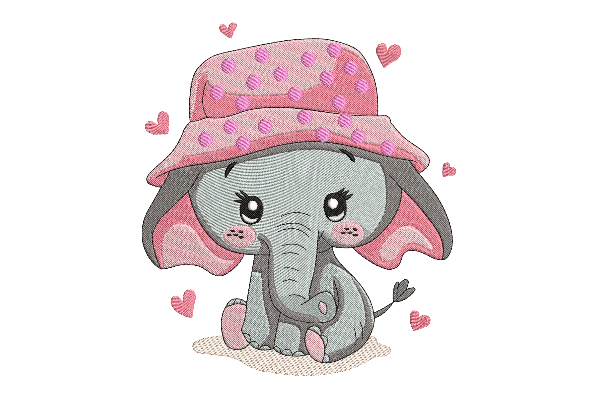 Pink-Hatted Baby Elephant Embroidery Design