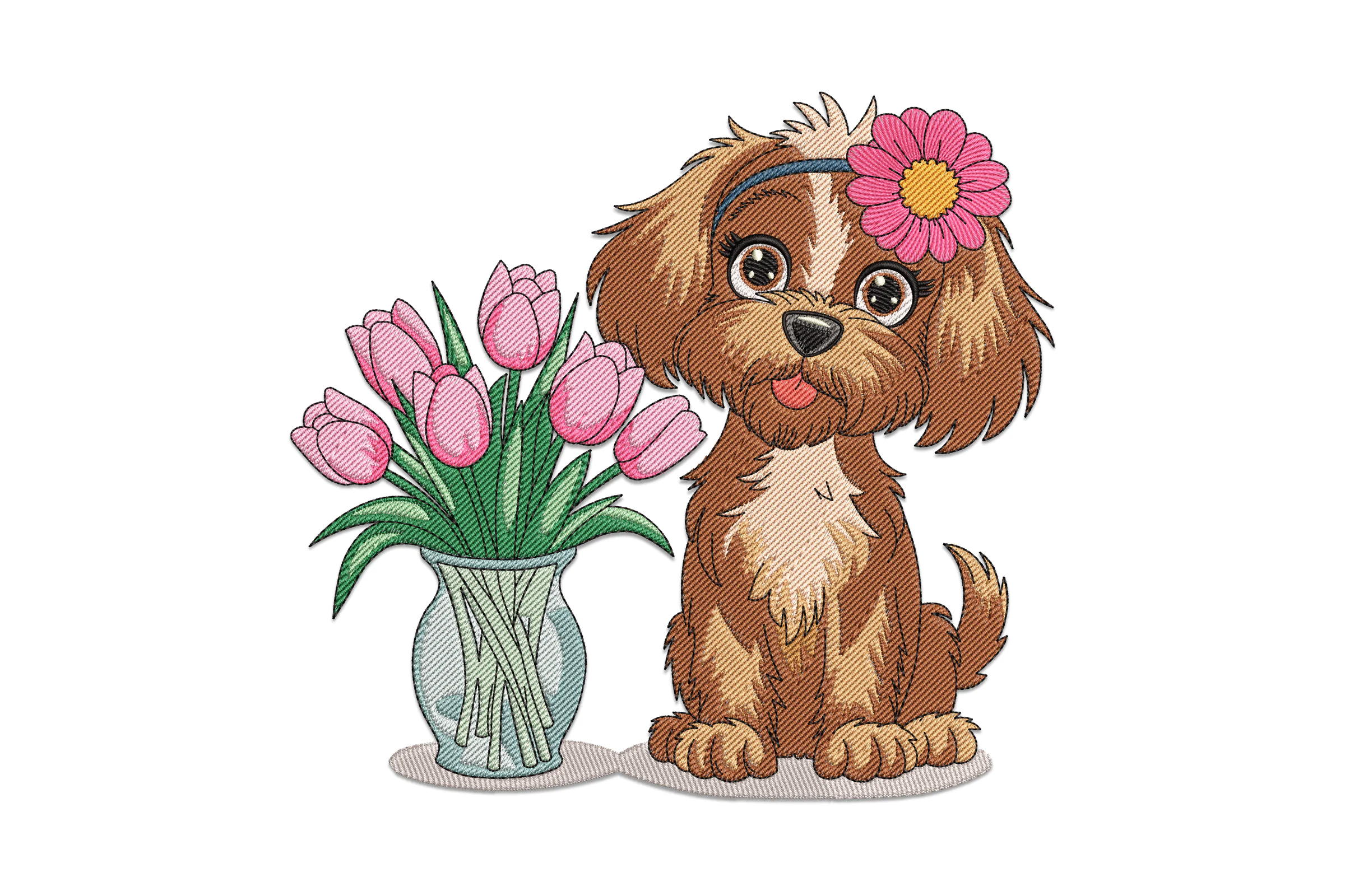 Dog With Flowers Embroidery Design