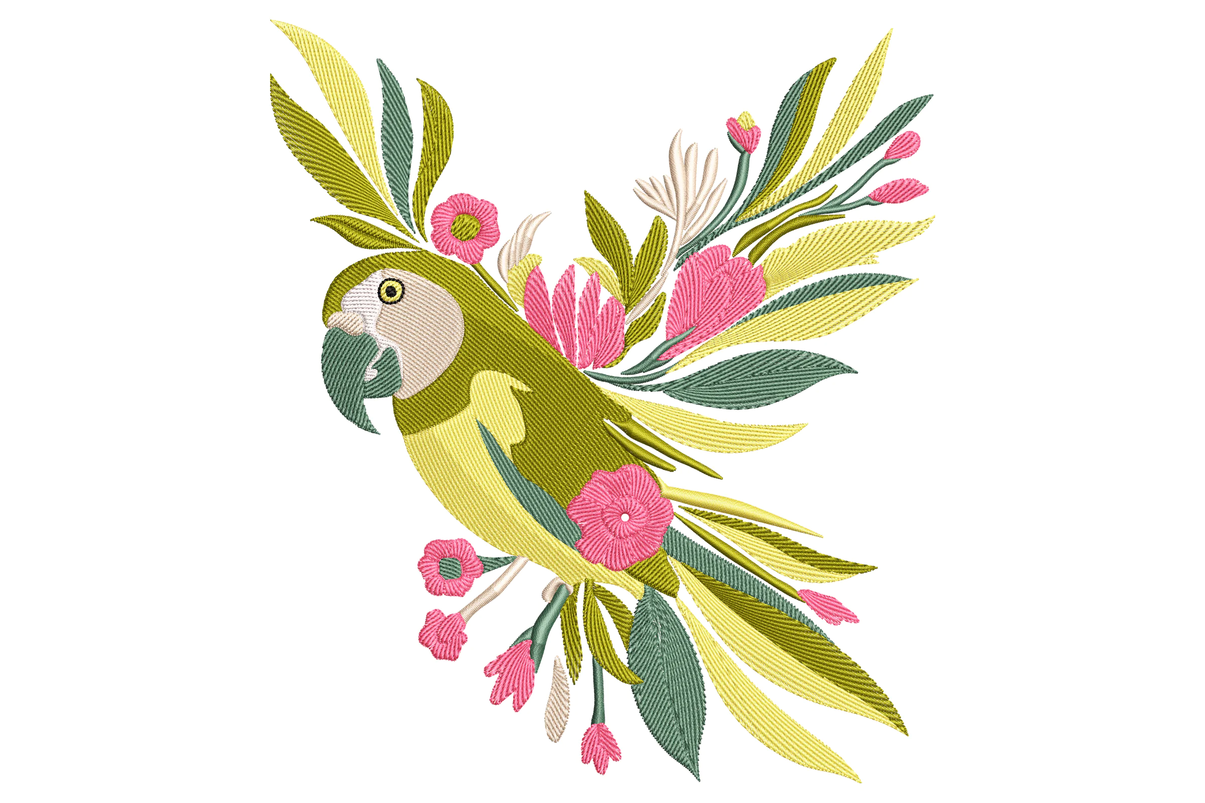 Parrot with Flowers Embroidery Design