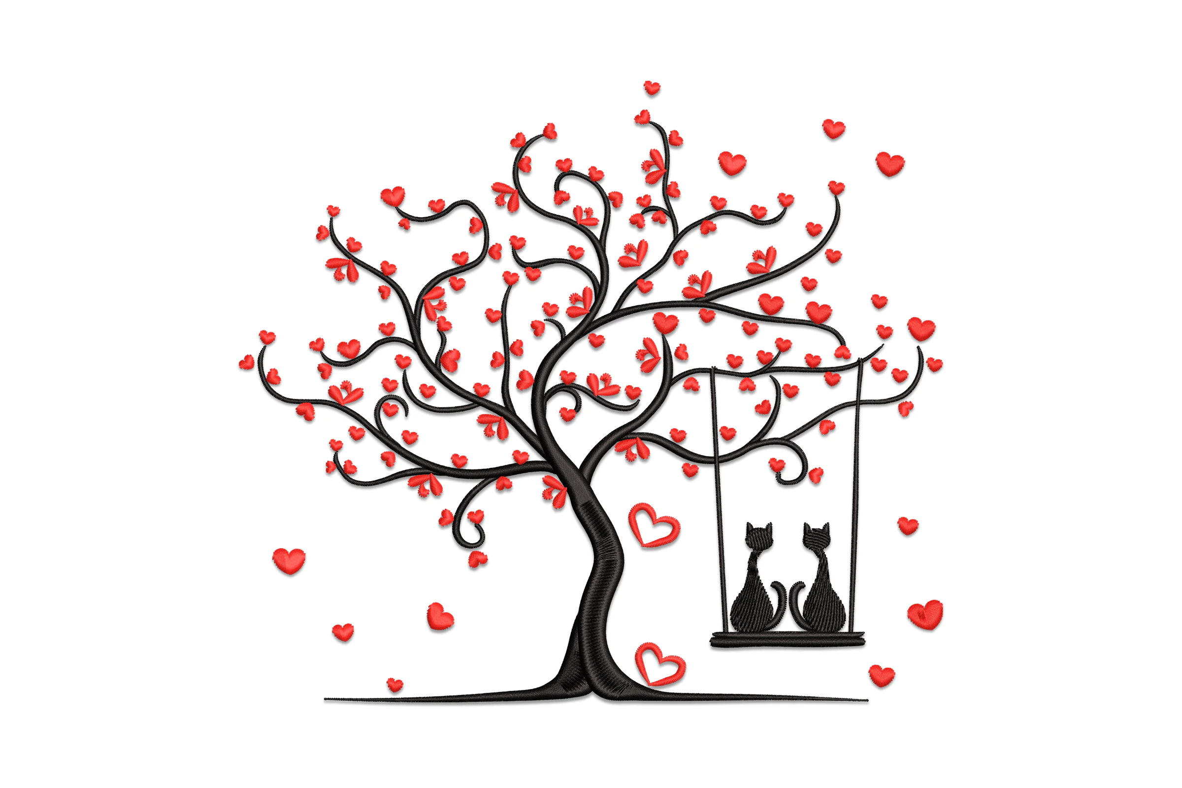 Tree Hearts with Cat in Love Embroidery Design
