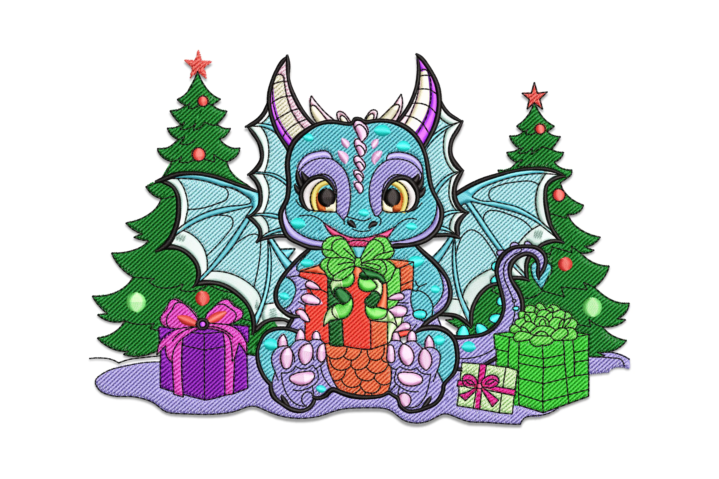 Christmas Dragon with Gift Box Embroidery Design