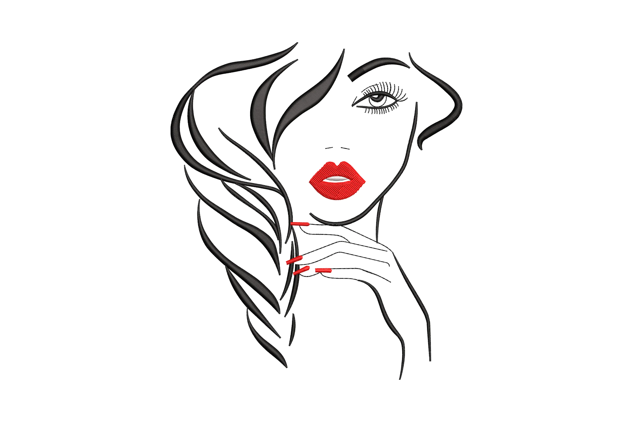 Elegant Woman with Red Lips Embroidery Design