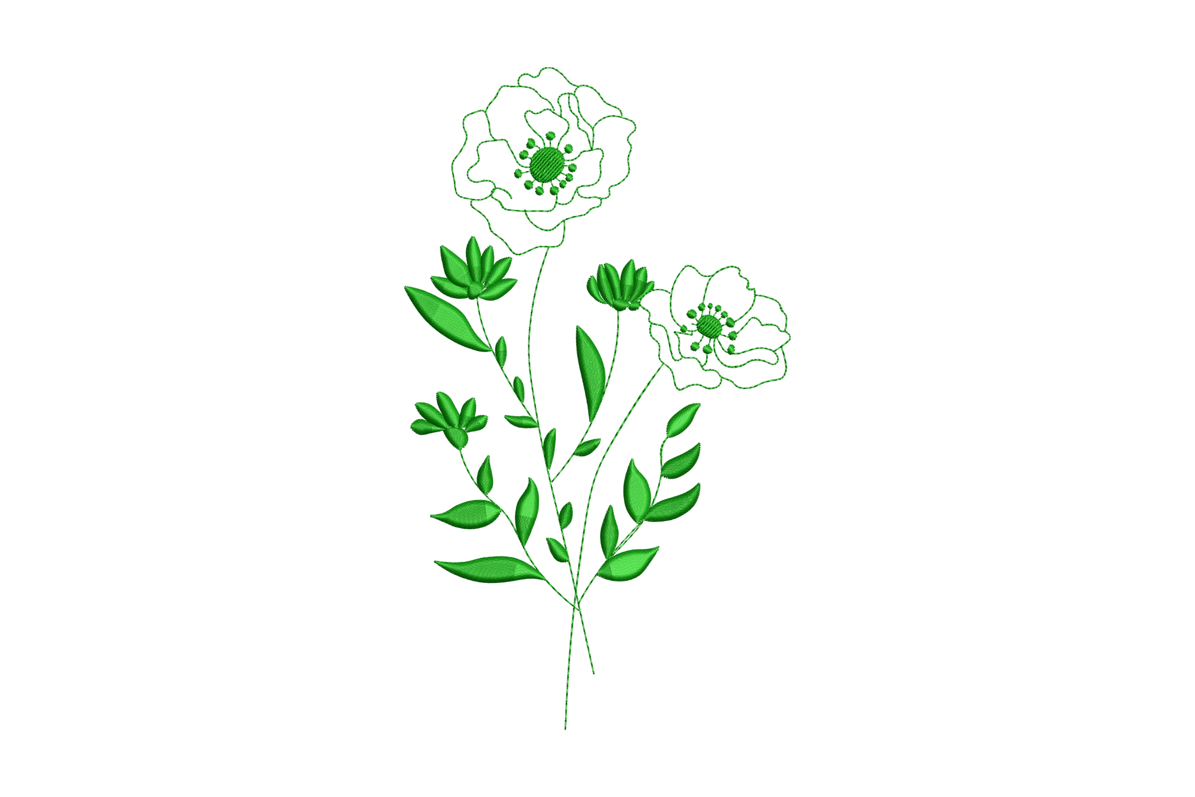Green Floral with Poppies and Leaves Embroidery Design