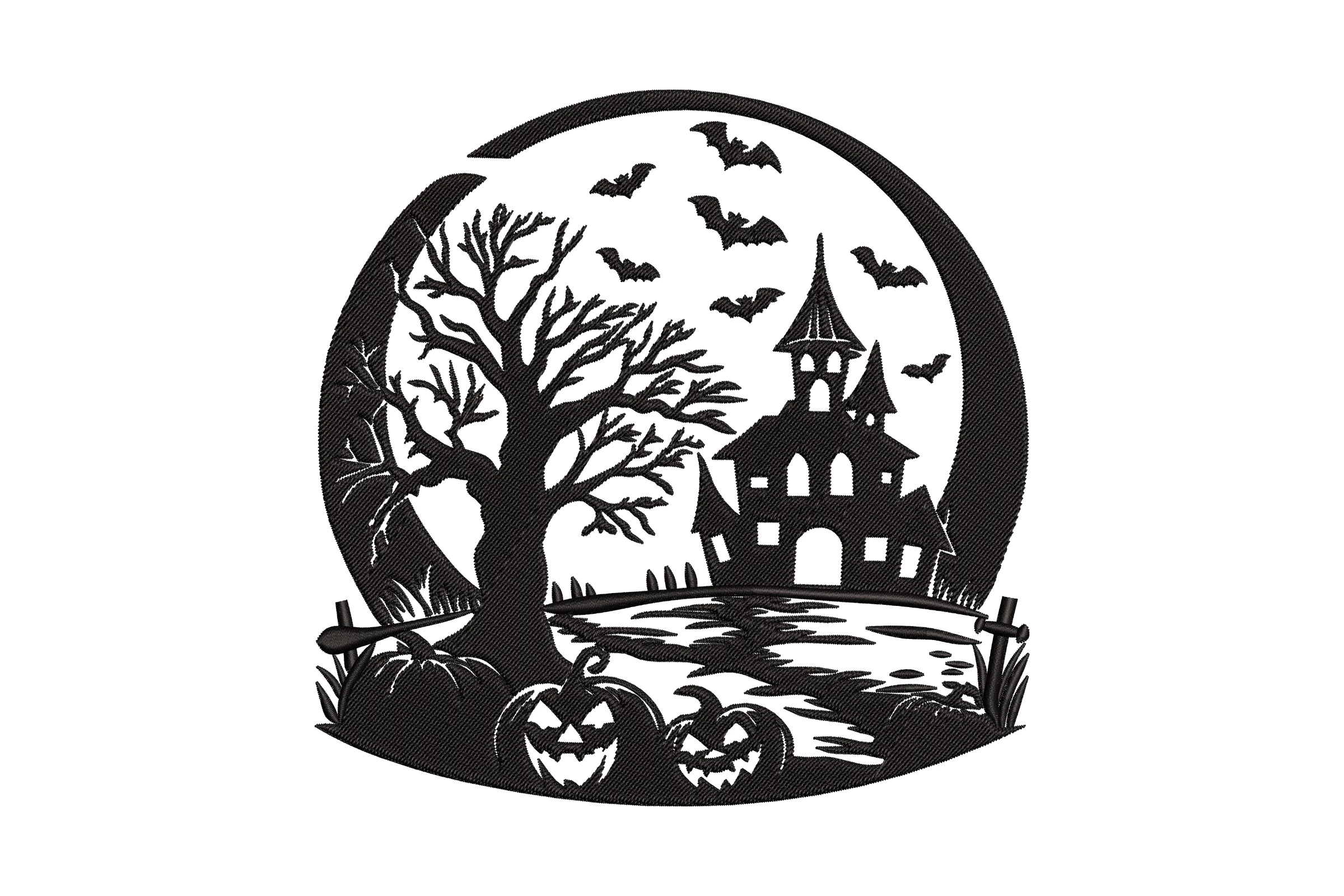 Haunted House with Pumpkin and Bats Embroidery Design