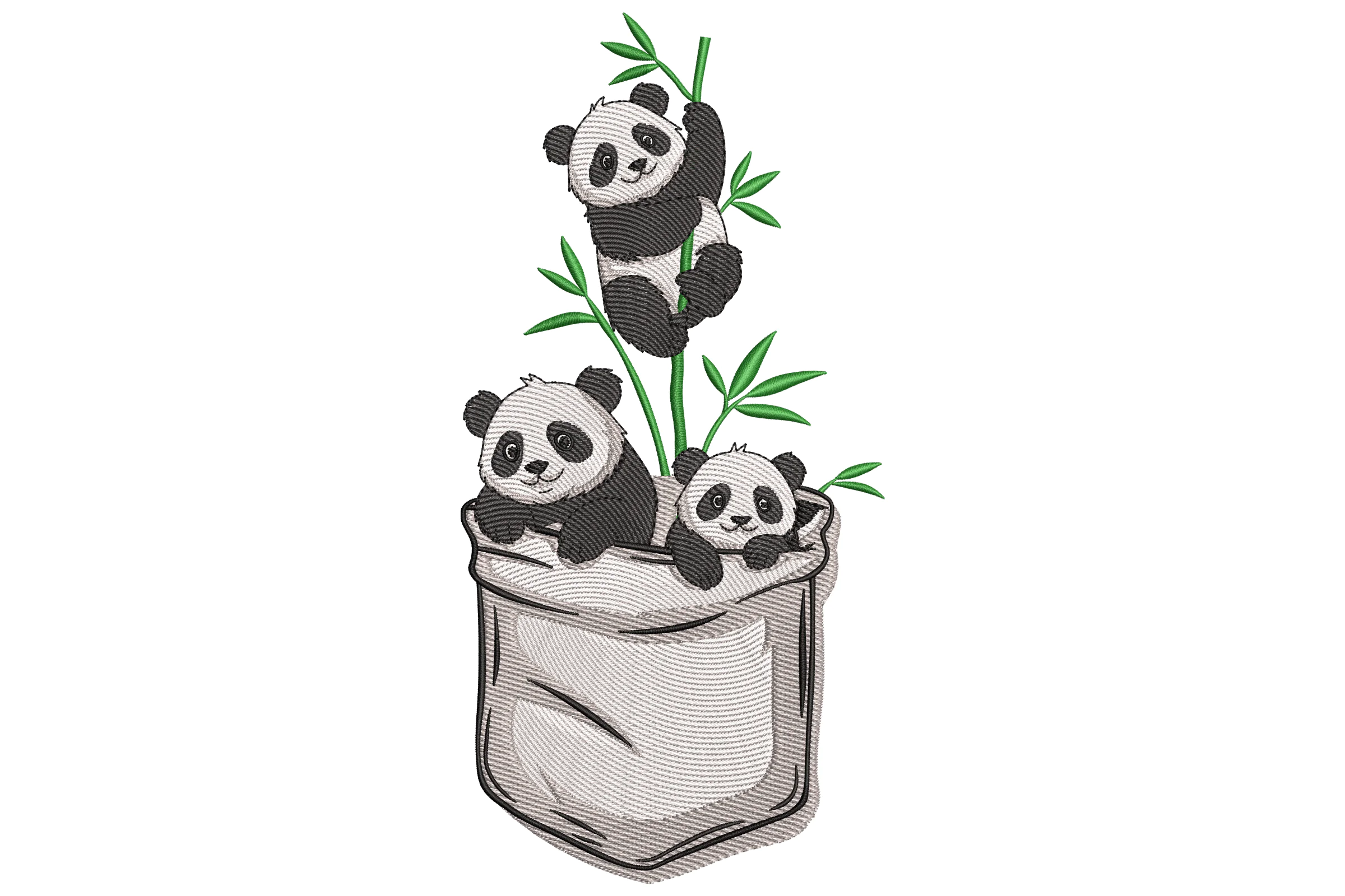 Three Cute Panda Cubs in Bamboo Pot Embroidery Design