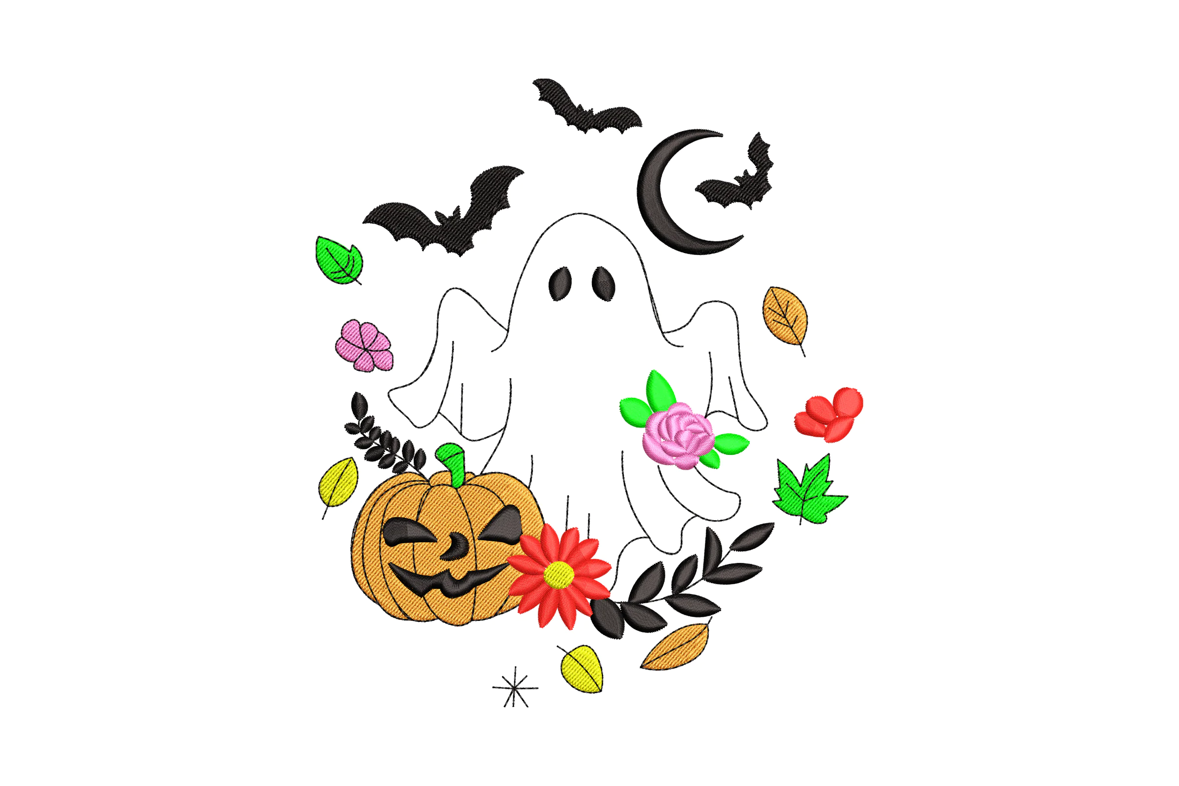 Halloween Ghost with Pumpkin and Flowers Embroidery Design