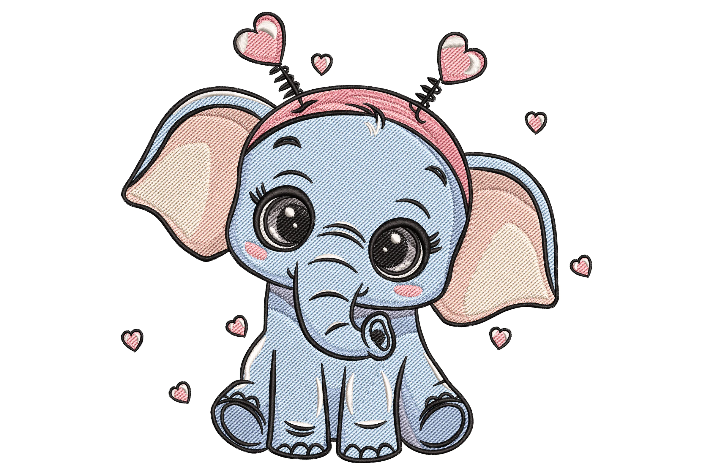 Cute Elephant with Hearts Embroidery Design